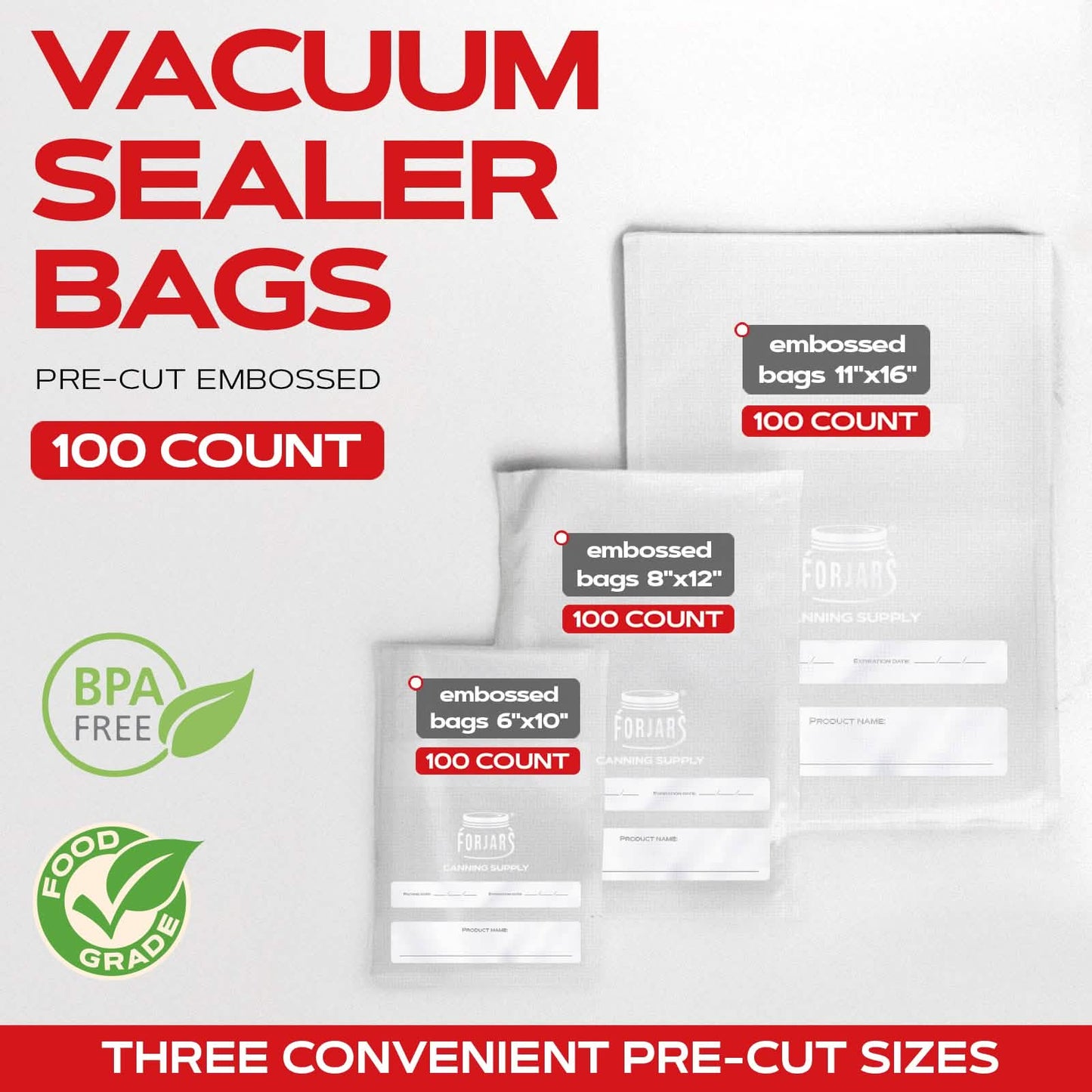 Forjars® 100 Count 8x12 Vacuum Sealer Bags - Textured on Both Sides, 7.5 Mil Thickness