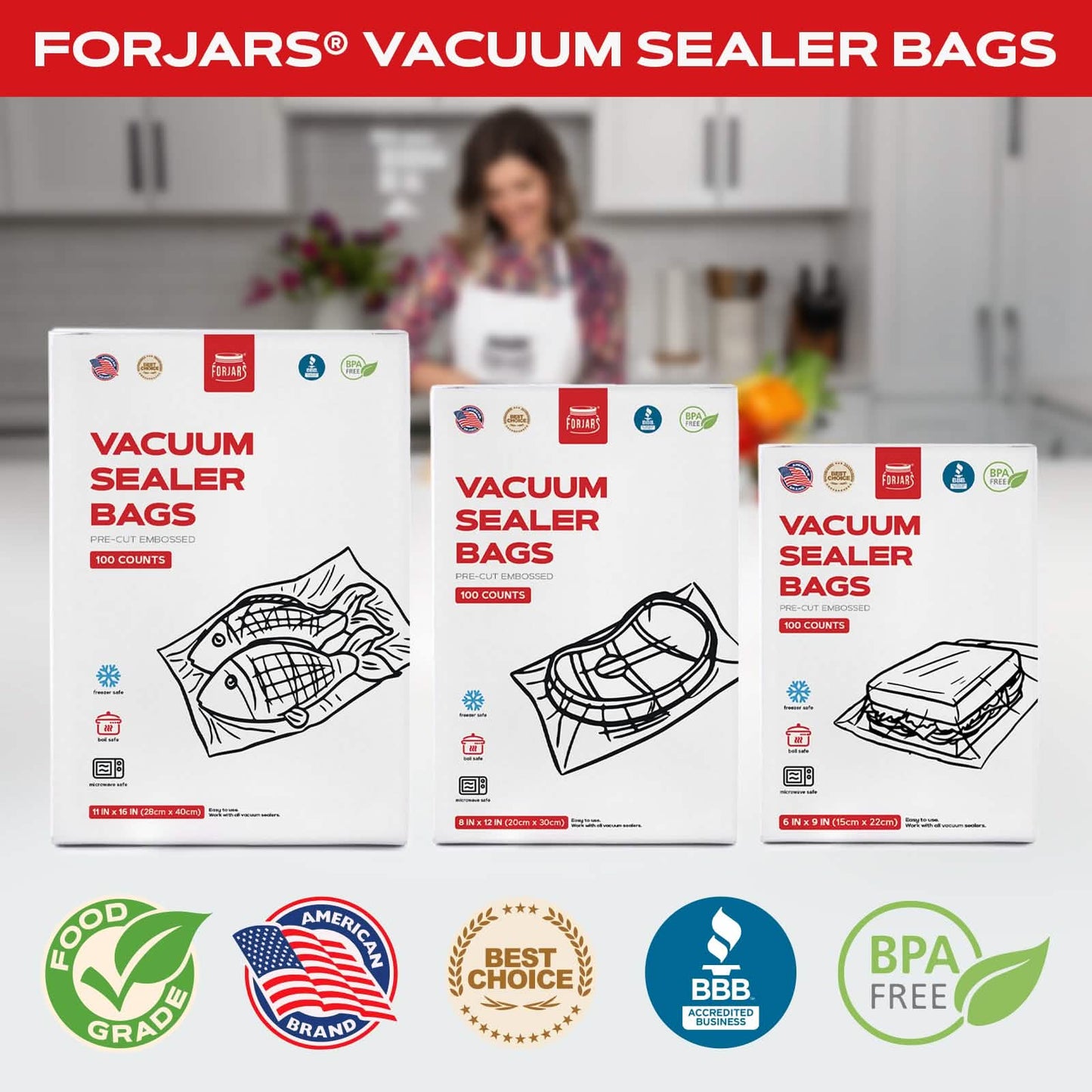 Forjars® 100 Count 8x12 Vacuum Sealer Bags - Textured on Both Sides, 7.5 Mil Thickness