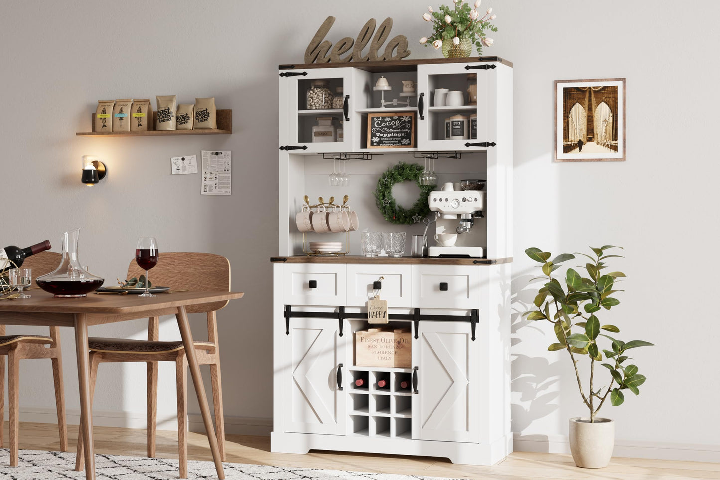 72’’ Coffee Bar Cabinet with Storage Farmhouse Large Kitchen Pantry Hutch with Sliding Barn Door Tall Buffet Cabinet