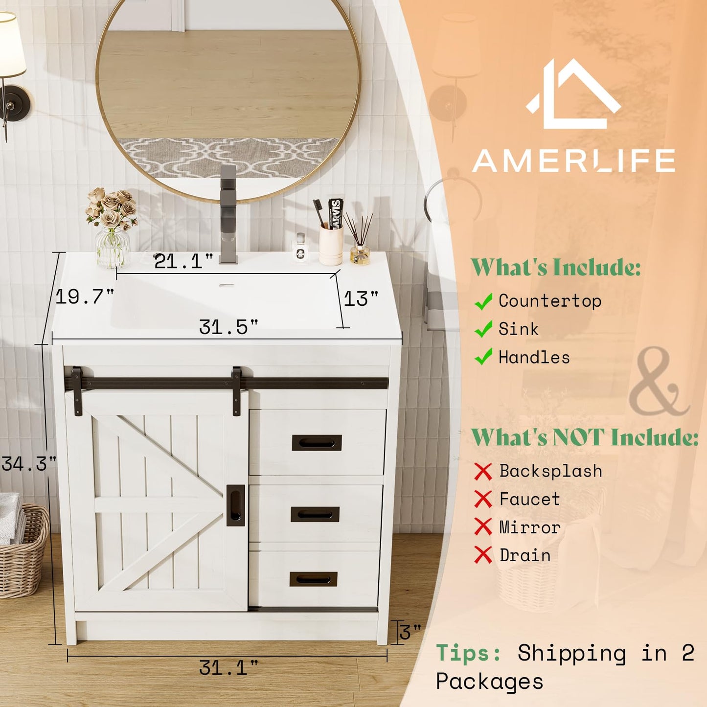 AMERLIFE Farmhouse Bathroom Vanity with Sink Combo 31in Sliding Barn Door Bathroom Vanity Cabinet Set with Storage