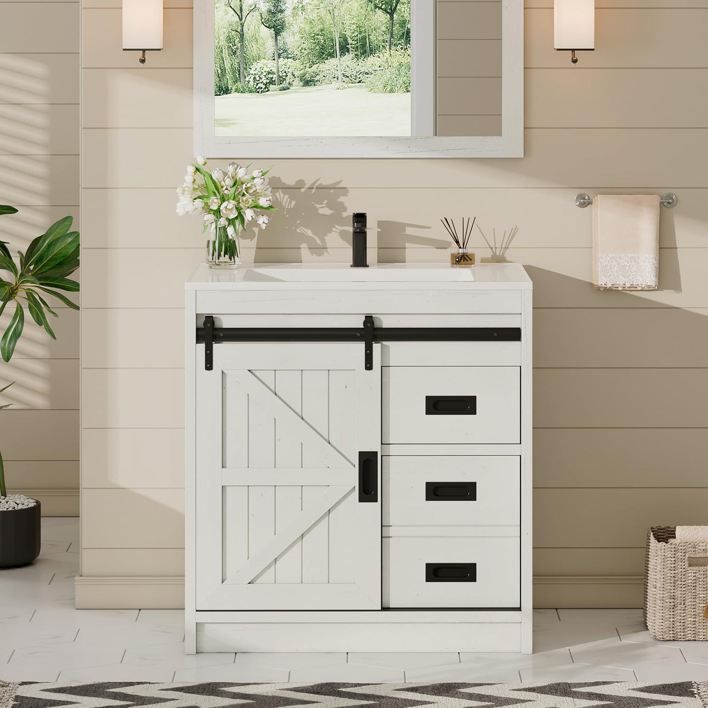 AMERLIFE Farmhouse Bathroom Vanity with Sink Combo 31in Sliding Barn Door Bathroom Vanity Cabinet Set with Storage