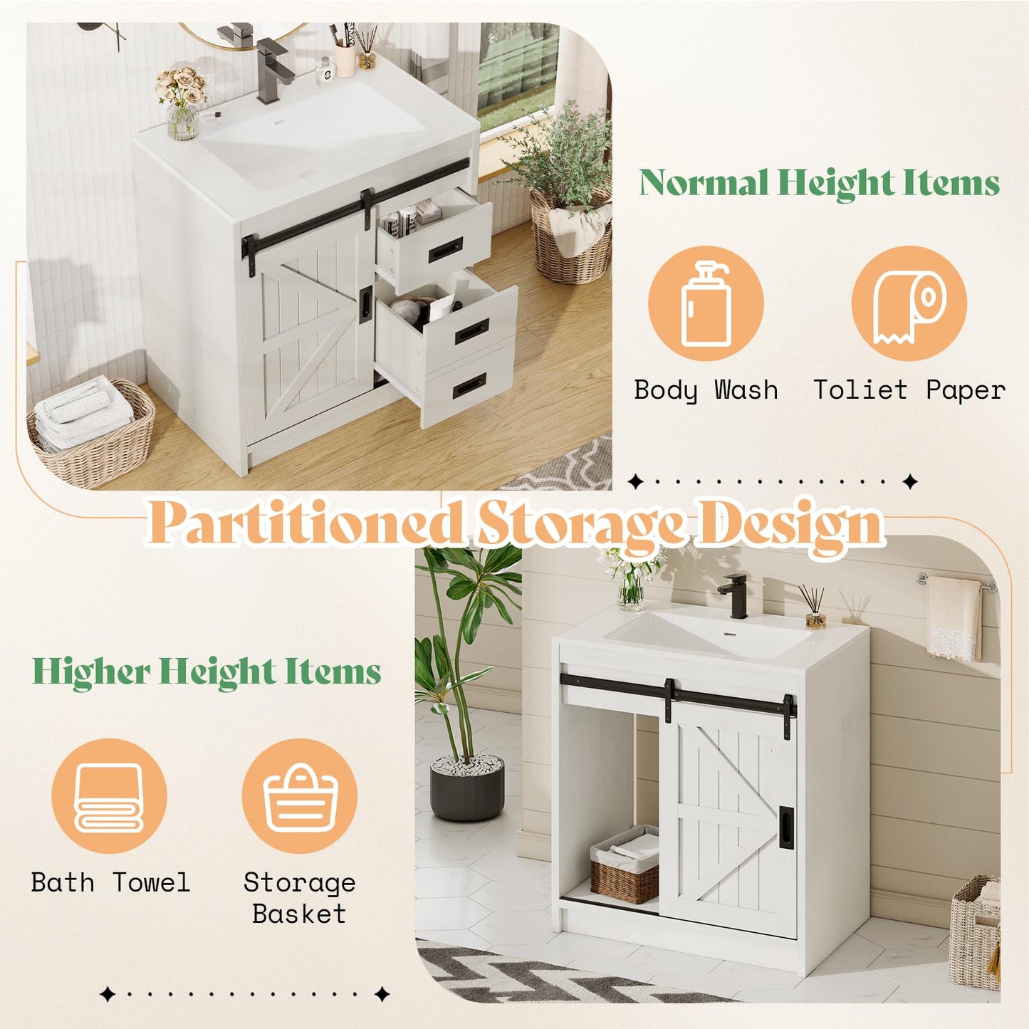 AMERLIFE Farmhouse Bathroom Vanity with Sink Combo 31in Sliding Barn Door Bathroom Vanity Cabinet Set with Storage