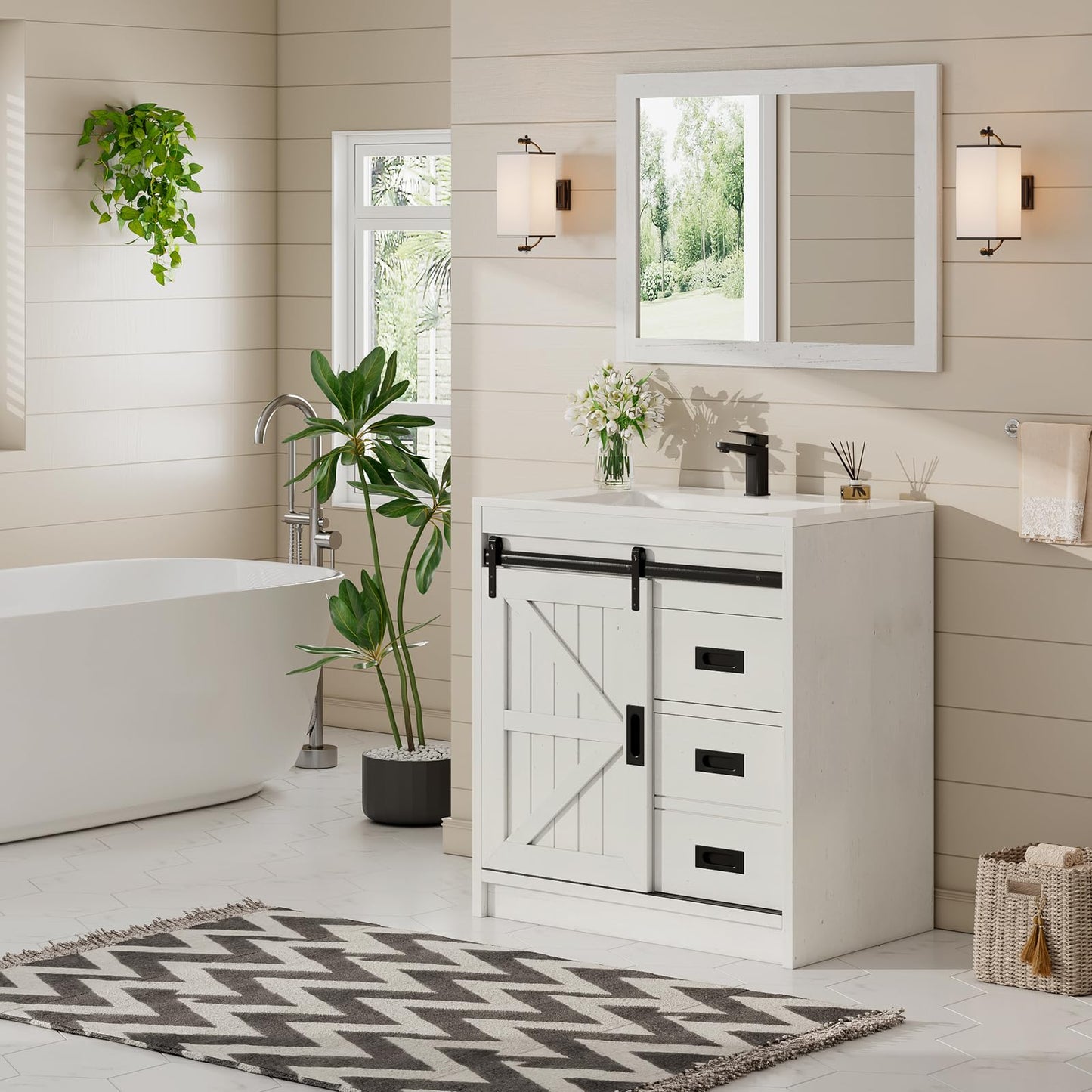 AMERLIFE Farmhouse Bathroom Vanity with Sink Combo 31in Sliding Barn Door Bathroom Vanity Cabinet Set with Storage