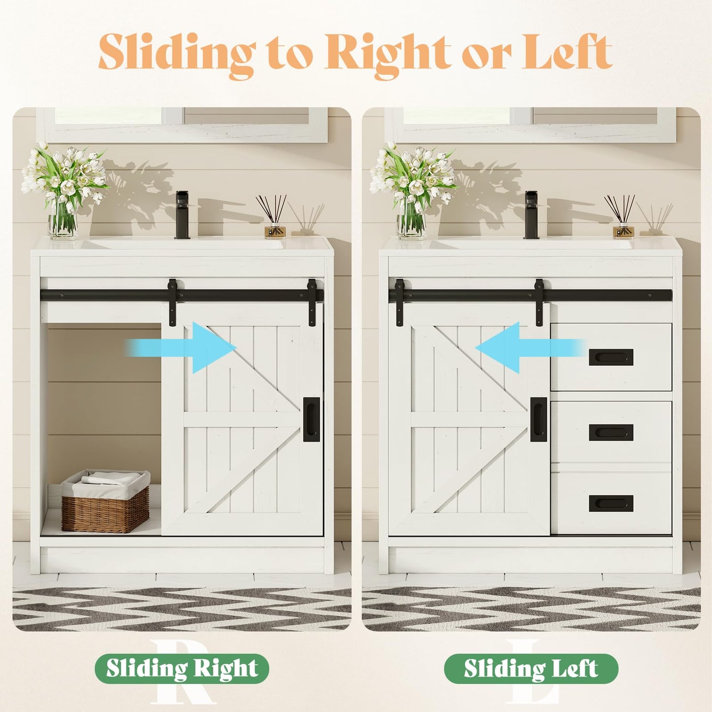 AMERLIFE Farmhouse Bathroom Vanity with Sink Combo 31in Sliding Barn Door Bathroom Vanity Cabinet Set with Storage
