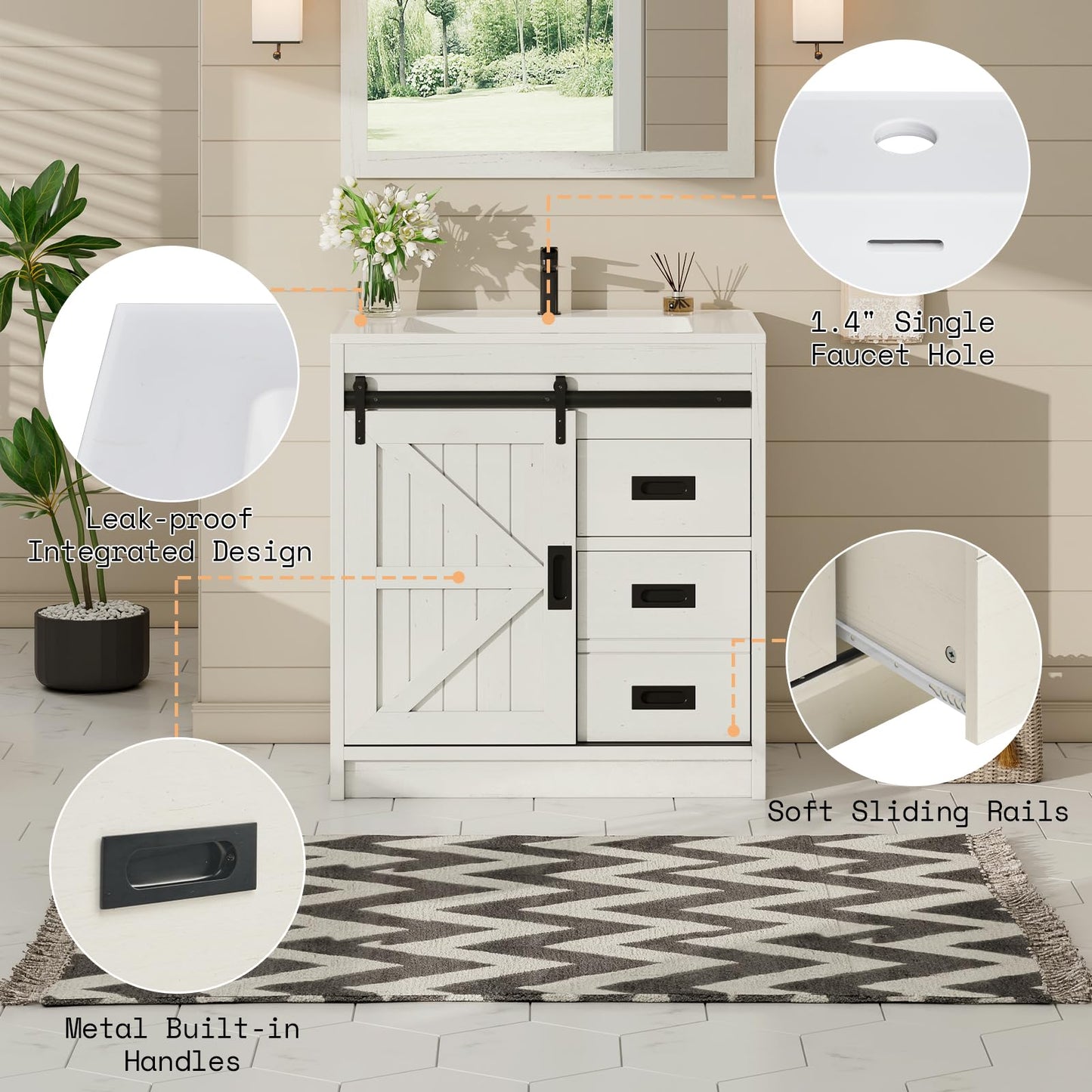 AMERLIFE Farmhouse Bathroom Vanity with Sink Combo 31in Sliding Barn Door Bathroom Vanity Cabinet Set with Storage