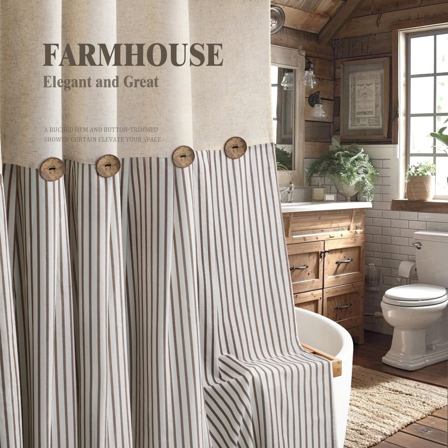 Awellife Linen Button Farmhouse Beige Shower Curtain,Linen and Cotton Woven Fabric,Pleated Brown Stripe,Country