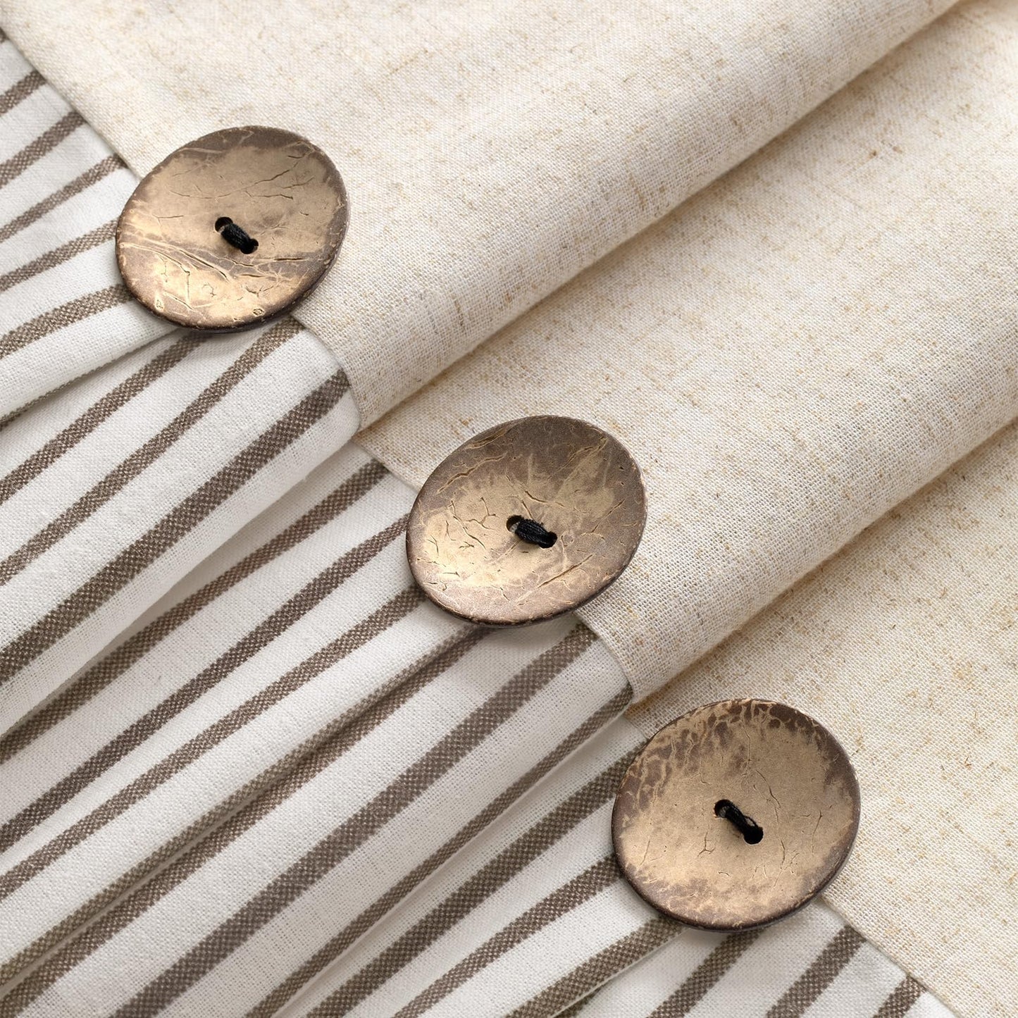 Awellife Linen Button Farmhouse Beige Shower Curtain,Linen and Cotton Woven Fabric,Pleated Brown Stripe,Country