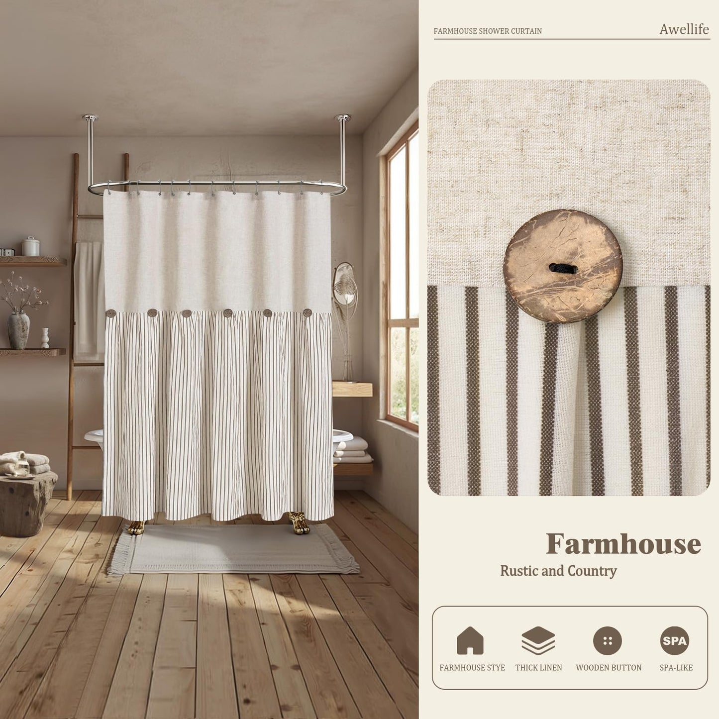 Awellife Linen Button Farmhouse Beige Shower Curtain,Linen and Cotton Woven Fabric,Pleated Brown Stripe,Country