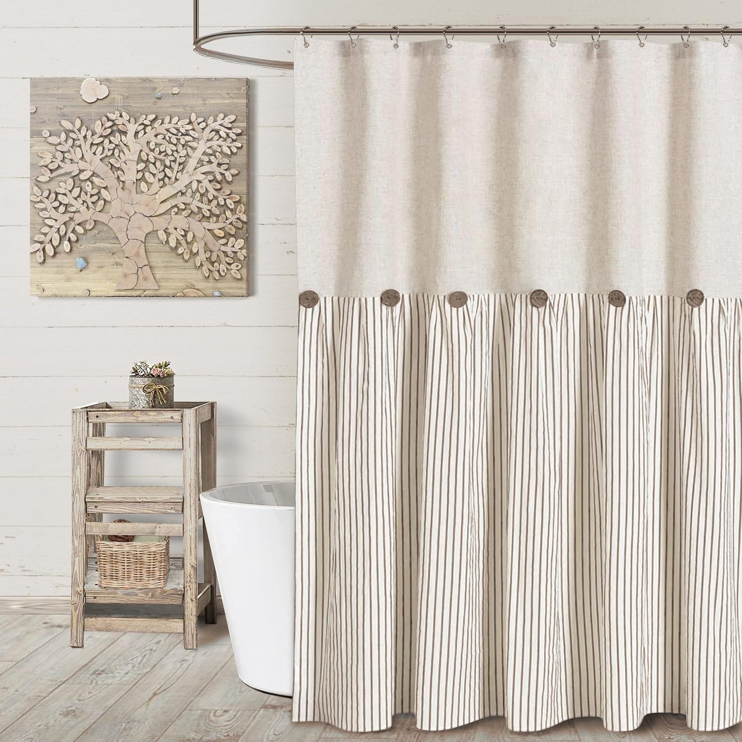Awellife Linen Button Farmhouse Beige Shower Curtain,Linen and Cotton Woven Fabric,Pleated Brown Stripe,Country