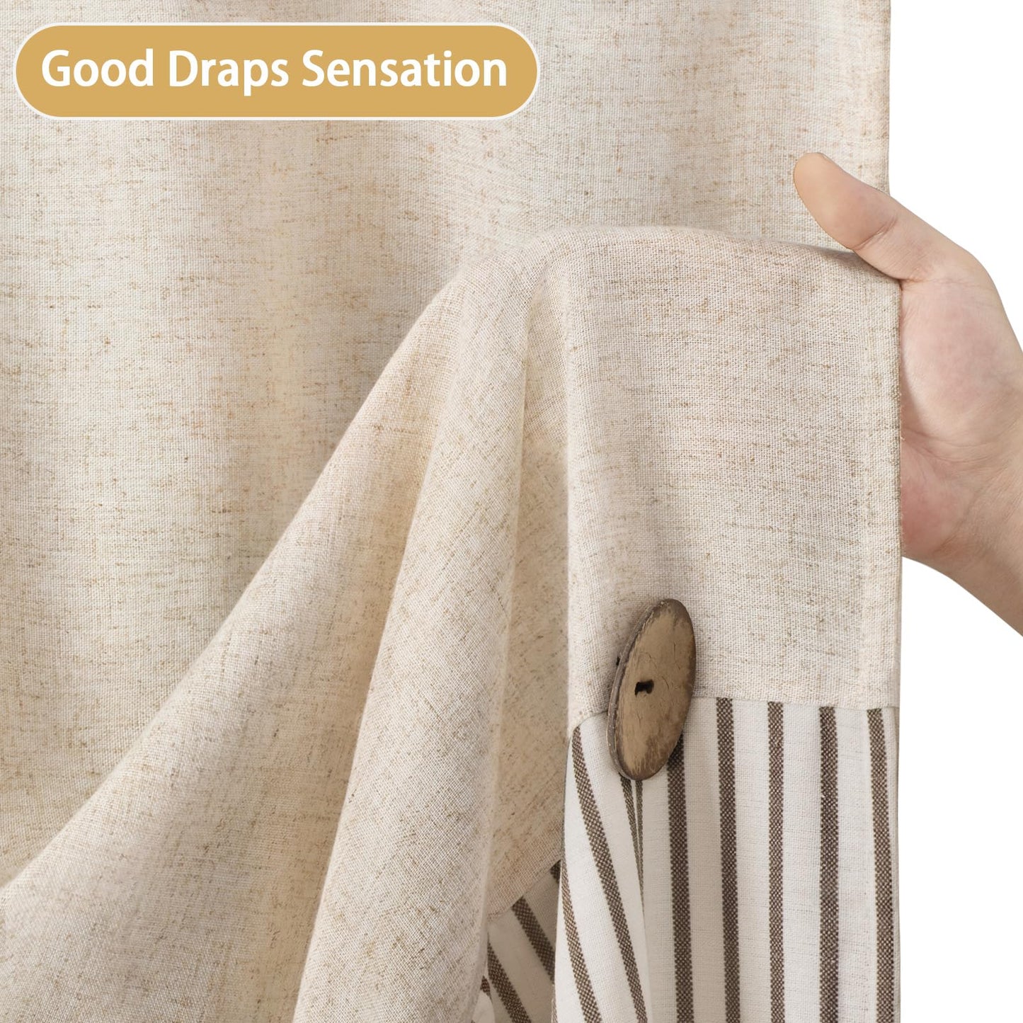 Awellife Linen Button Farmhouse Beige Shower Curtain,Linen and Cotton Woven Fabric,Pleated Brown Stripe,Country