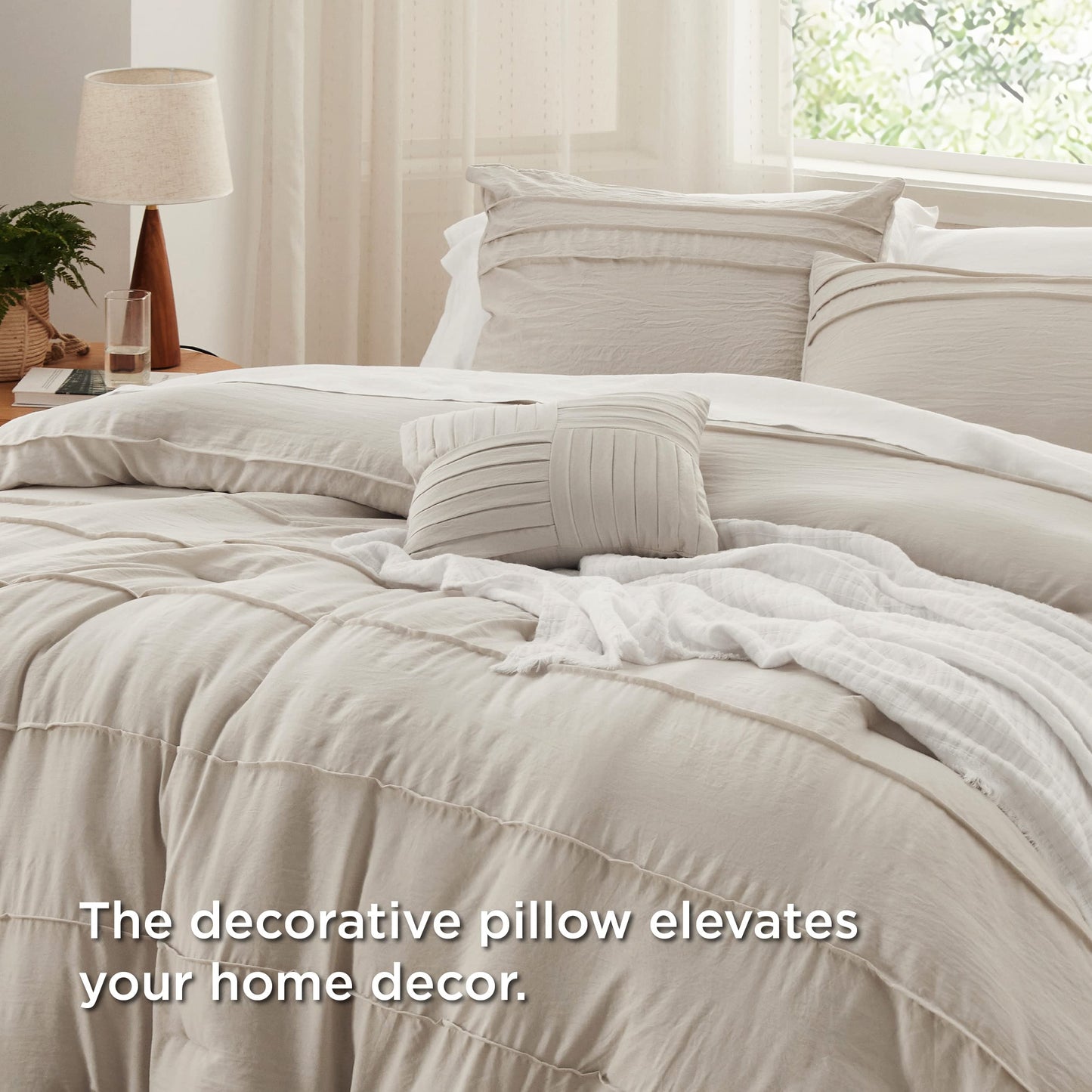 Bedsure Queen Comforter Set - 4 Pieces Pinch Pleat Bed Set Beige Boho Bedding for All Season 1 Soft Comforter 2