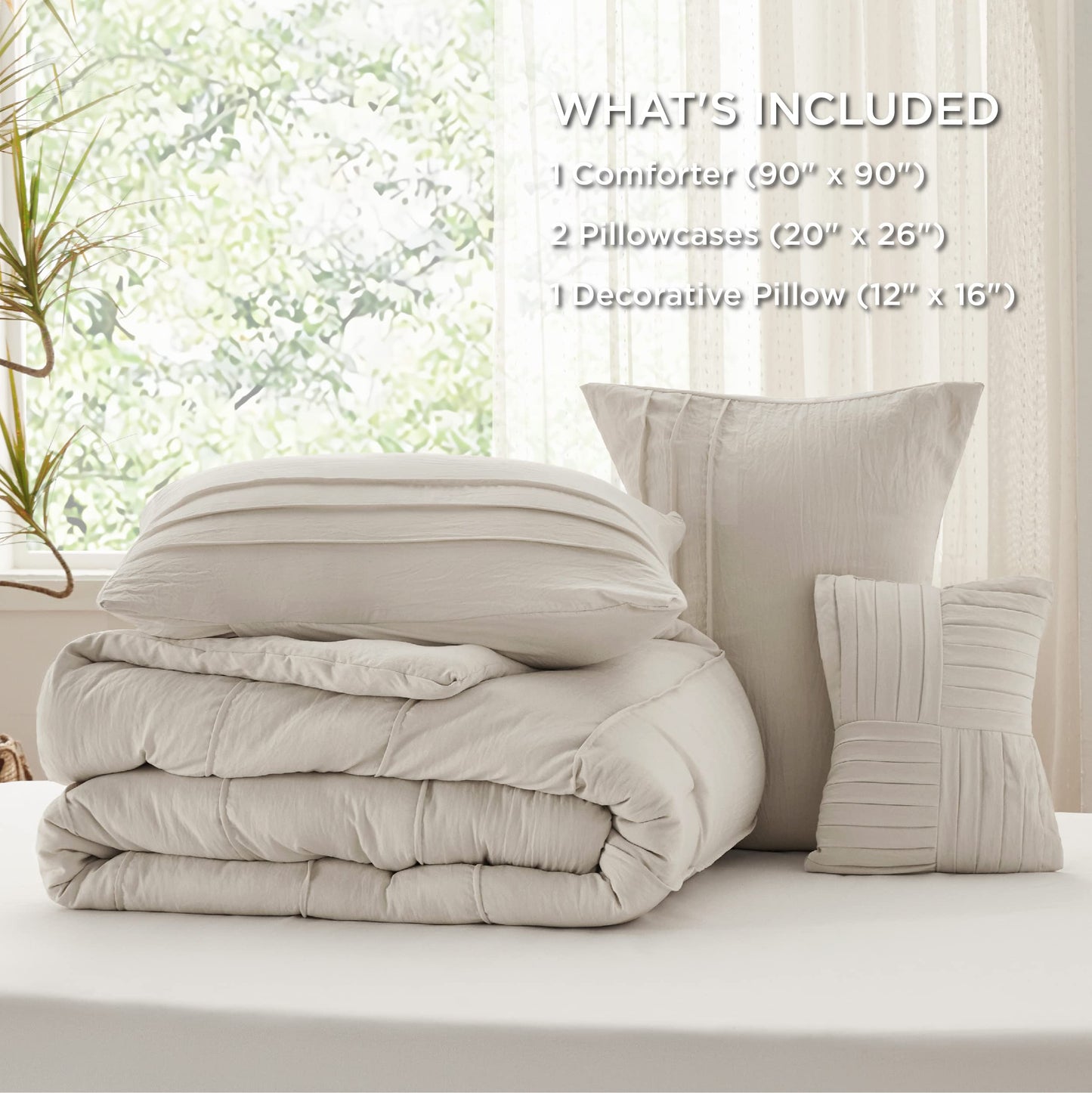 Bedsure Queen Comforter Set - 4 Pieces Pinch Pleat Bed Set Beige Boho Bedding for All Season 1 Soft Comforter 2