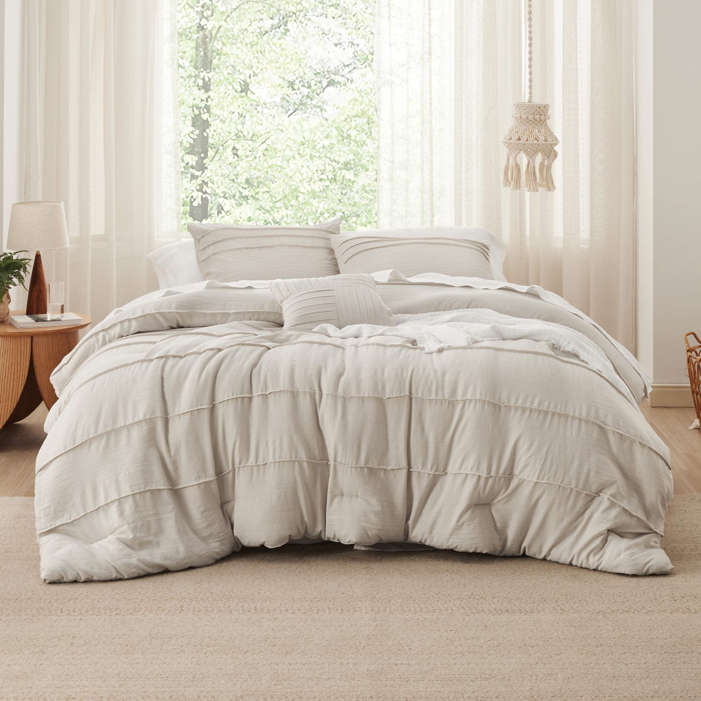 Bedsure Queen Comforter Set - 4 Pieces Pinch Pleat Bed Set Beige Boho Bedding for All Season 1 Soft Comforter 2