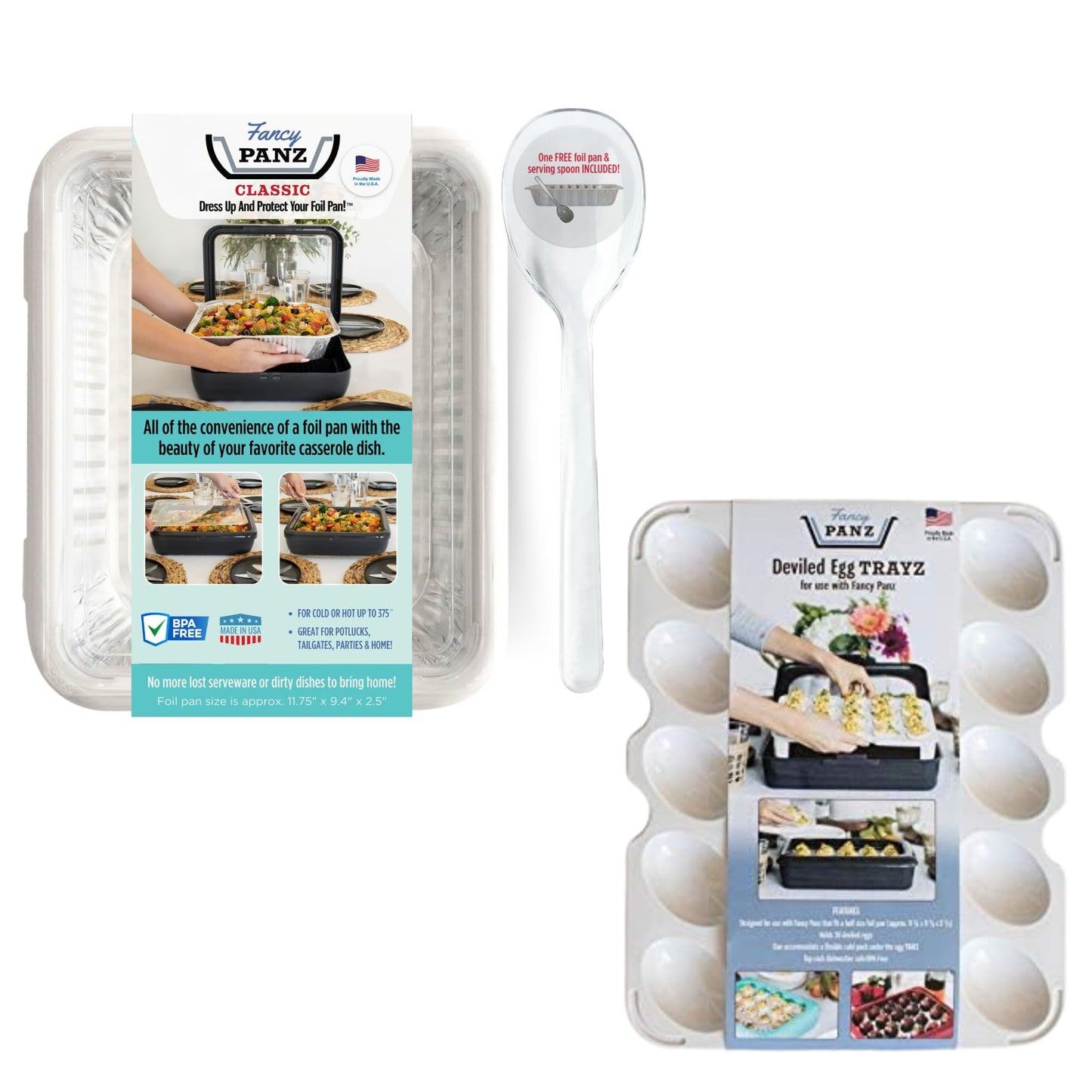 Fancy Panz Bundle White Classic Deviled Egg Trayz Insert Made in the USA Foil Pan Carrier Travel Casserole Carrier