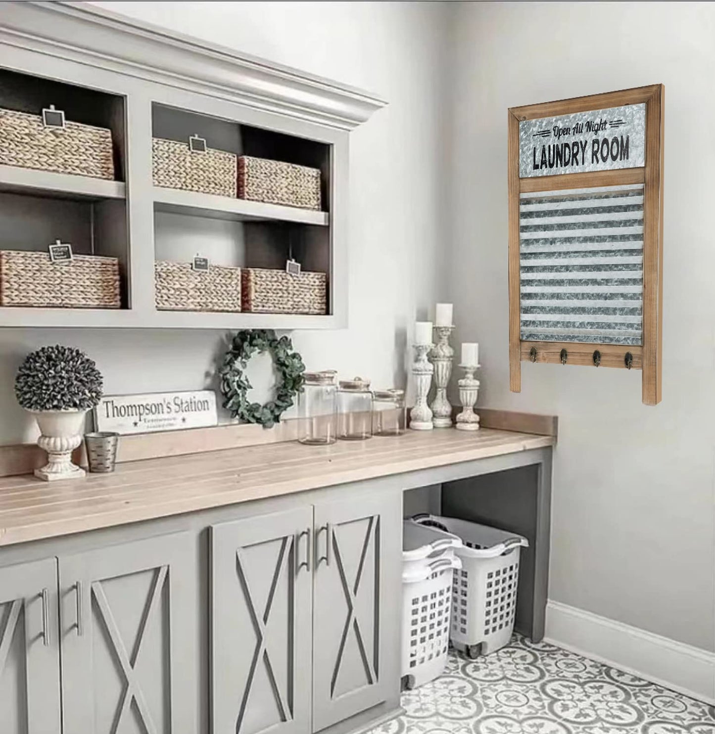Galvanized Washboard,Laundry Washboard sign with Towel Hooks,Laundry Room Deco,Large Farmhouse Metal and Wood Washboard