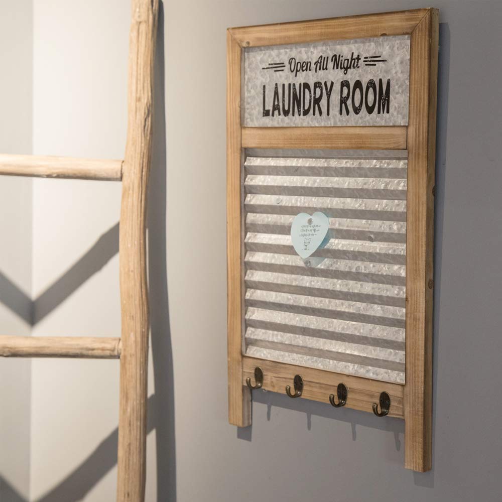 Galvanized Washboard,Laundry Washboard sign with Towel Hooks,Laundry Room Deco,Large Farmhouse Metal and Wood Washboard