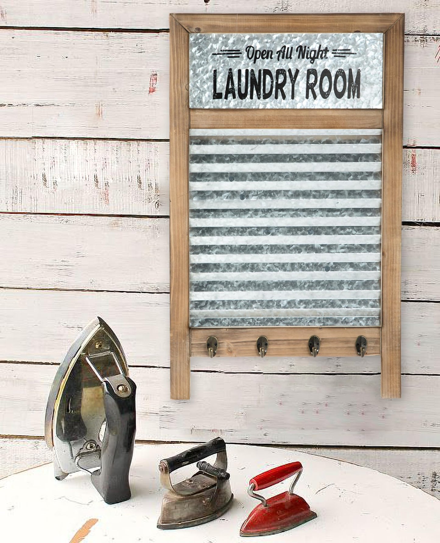 Galvanized Washboard,Laundry Washboard sign with Towel Hooks,Laundry Room Deco,Large Farmhouse Metal and Wood Washboard