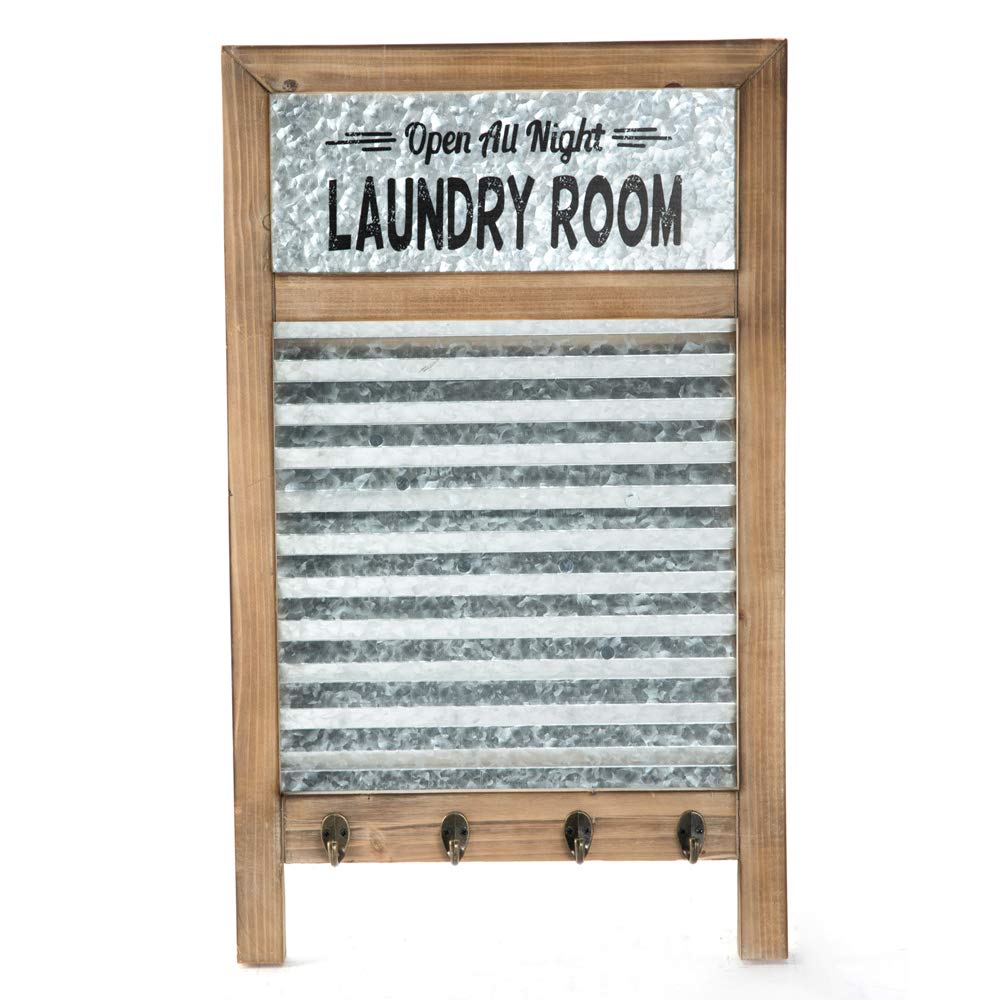 Galvanized Washboard,Laundry Washboard sign with Towel Hooks,Laundry Room Deco,Large Farmhouse Metal and Wood Washboard