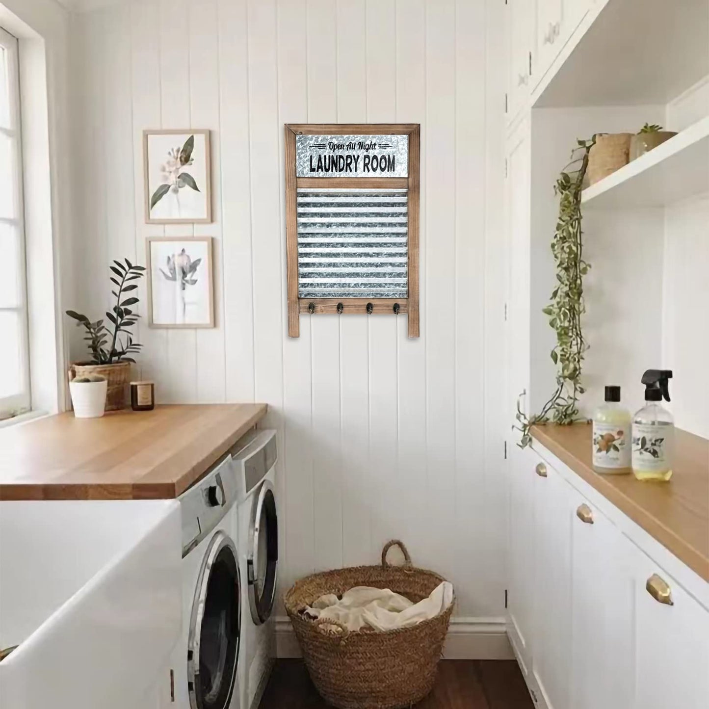 Galvanized Washboard,Laundry Washboard sign with Towel Hooks,Laundry Room Deco,Large Farmhouse Metal and Wood Washboard