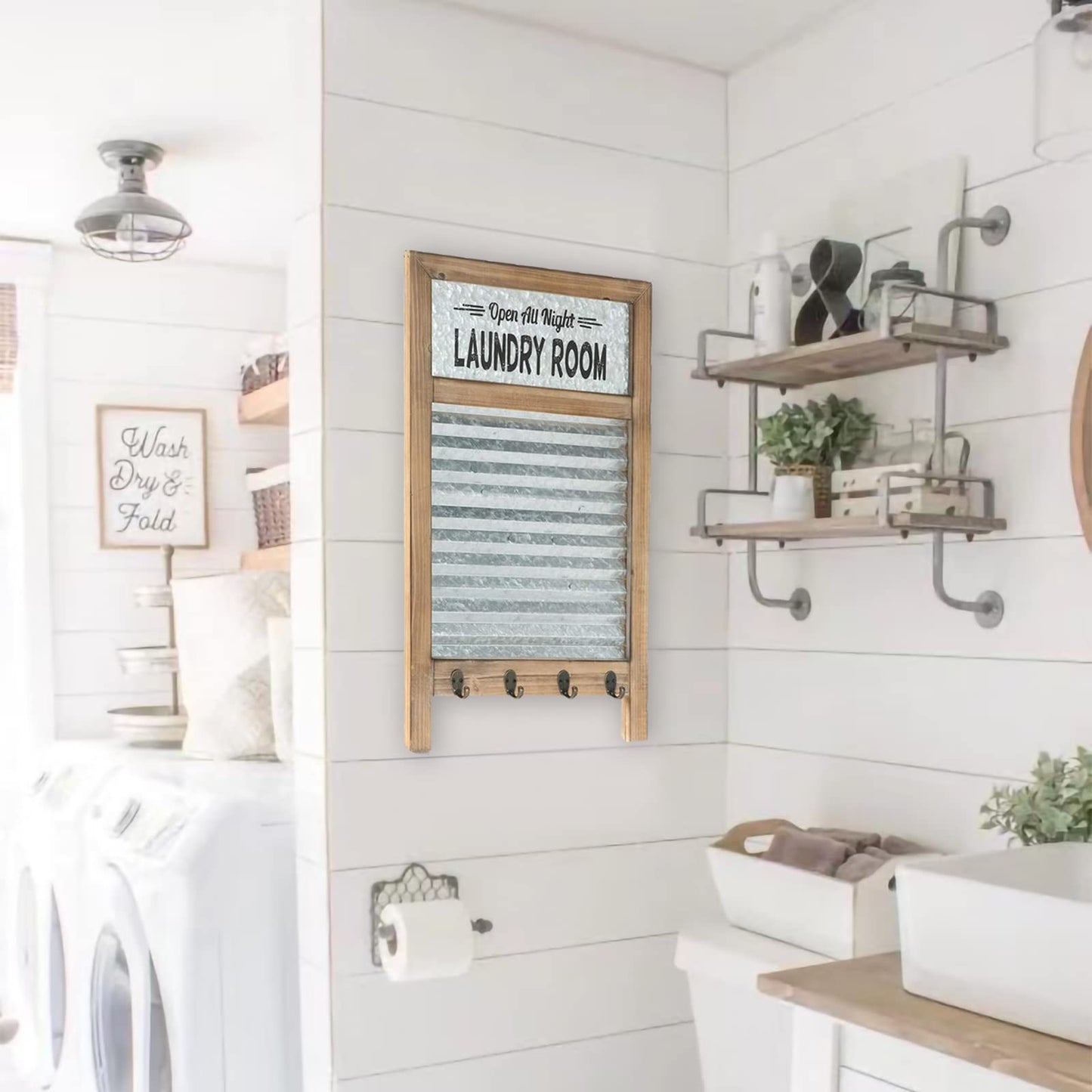 Galvanized Washboard,Laundry Washboard sign with Towel Hooks,Laundry Room Deco,Large Farmhouse Metal and Wood Washboard