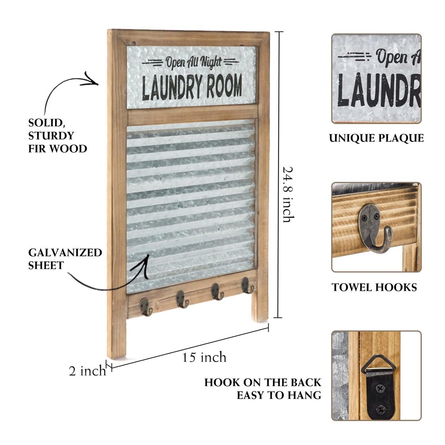 Galvanized Washboard,Laundry Washboard sign with Towel Hooks,Laundry Room Deco,Large Farmhouse Metal and Wood Washboard