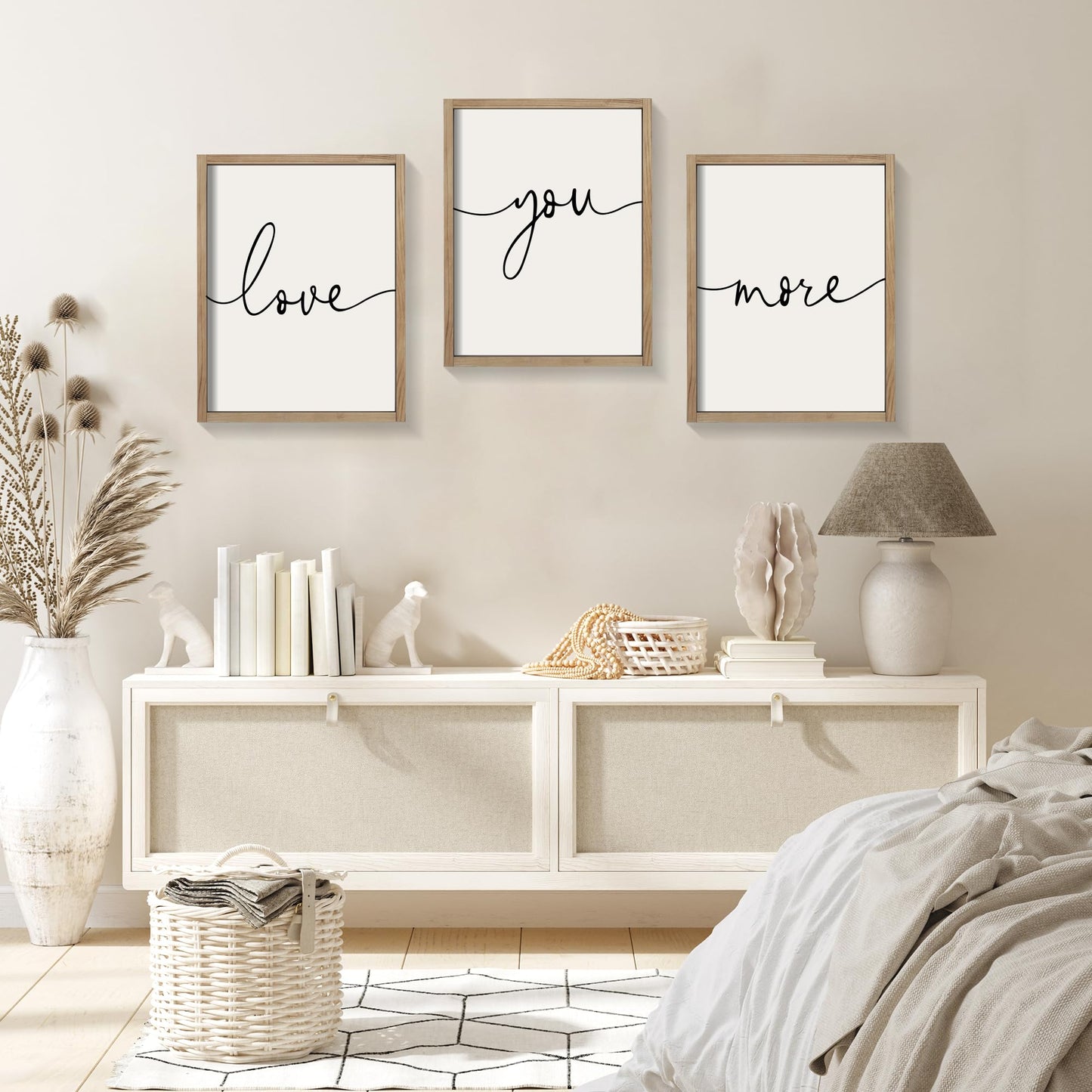 Heiple Love You More Sign Set of 3 Framed Above Bed Wall Decor Farmhouse Bedroom Decor Wood Wall Art Rustic Master
