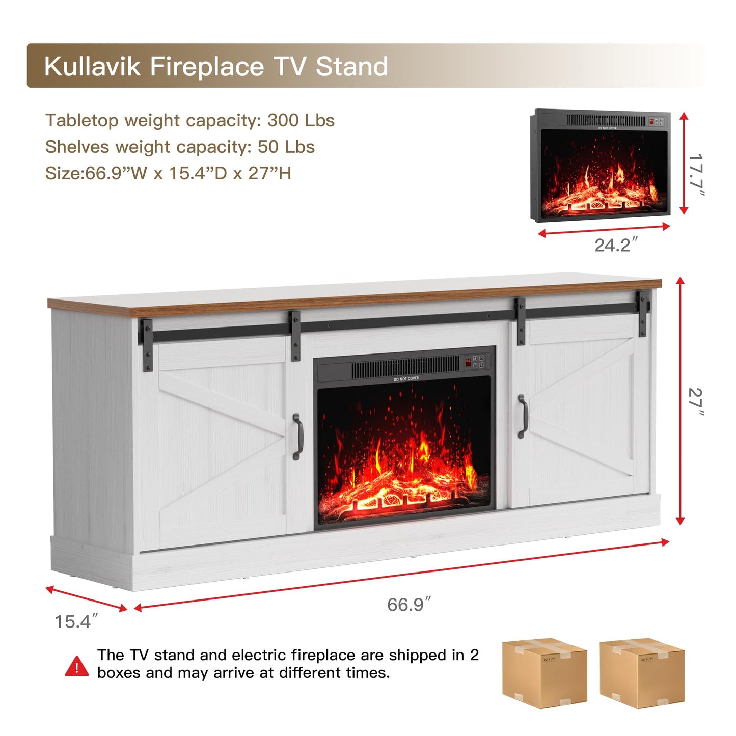 Kullavik Fireplace TV Stand for TVs up to 75 Inch,Farmhouse Entertainment Center with 24’’ Fireplace,Media Console