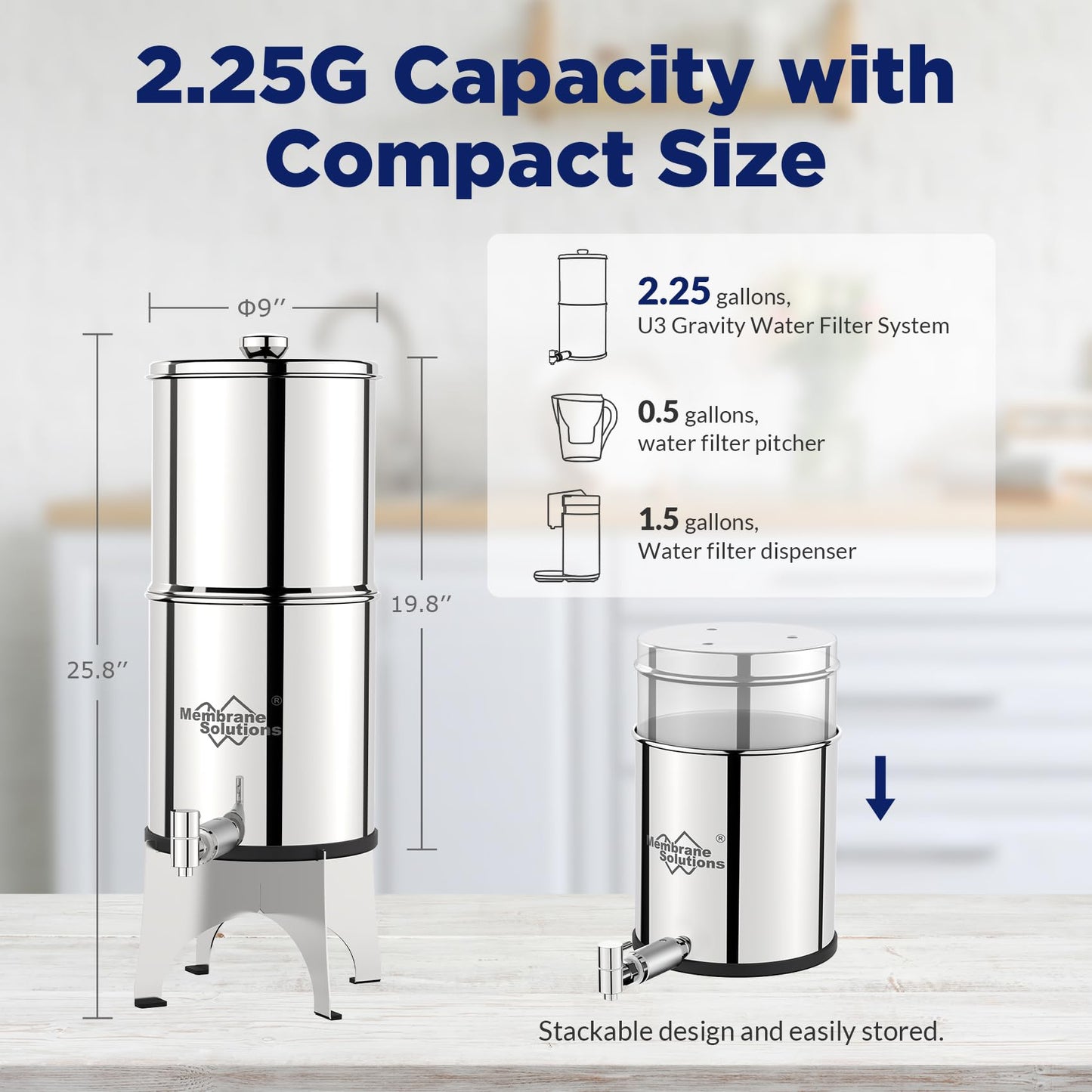 Membrane Solutions UV Countertop Water Filtration System Stainless Steel 2.25G Gravity Water Filter with 3 Pack