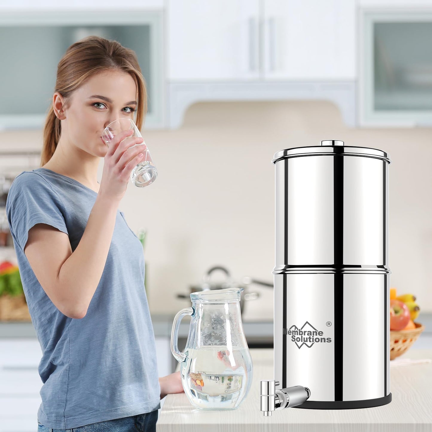 Membrane Solutions UV Countertop Water Filtration System Stainless Steel 2.25G Gravity Water Filter with 3 Pack