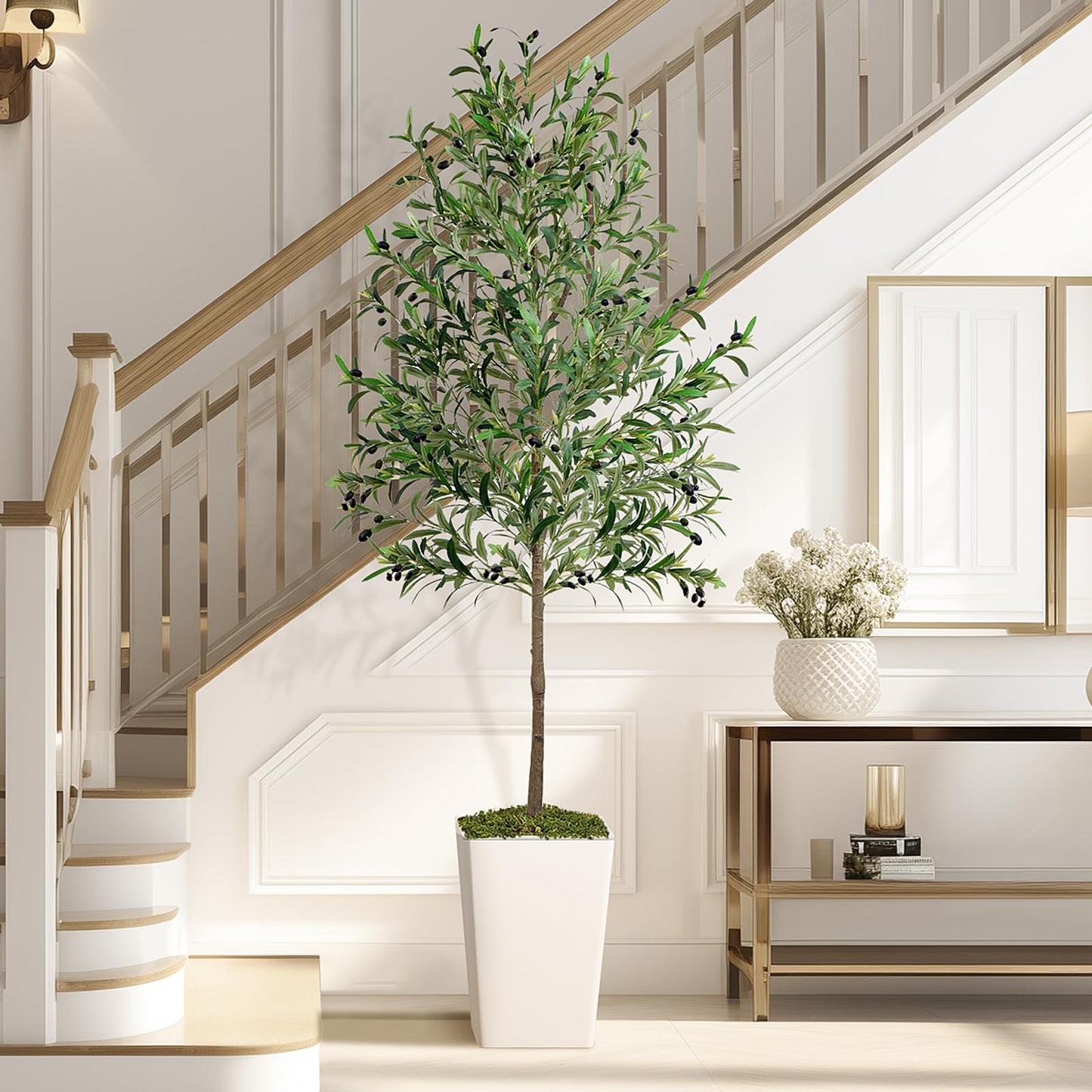 Olive Trees Artificial Indoor 7ft Tall Faux Silk Plant with Pot Realistic Leaves and Natural Wood Trunk Fake Trees