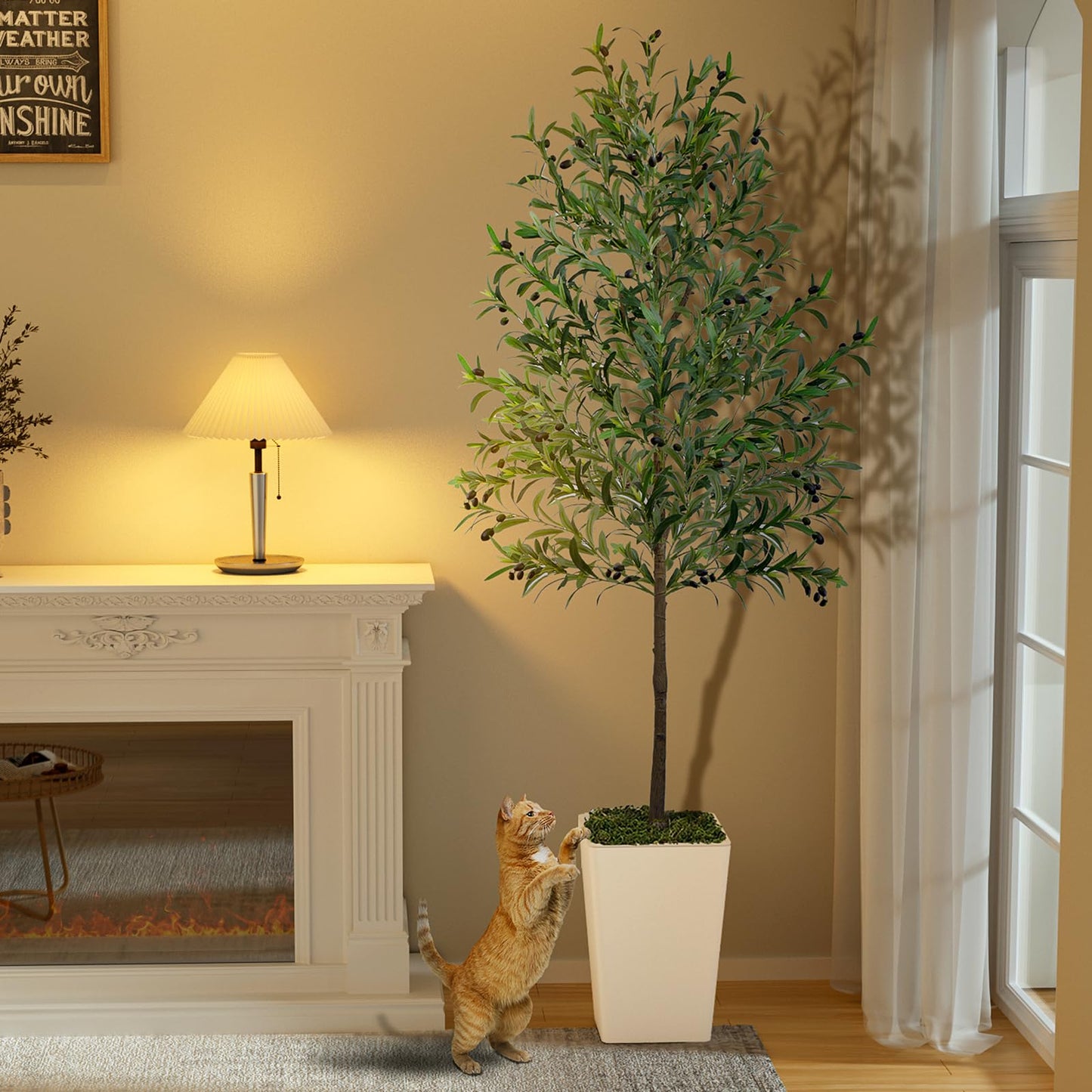 Olive Trees Artificial Indoor 7ft Tall Faux Silk Plant with Pot Realistic Leaves and Natural Wood Trunk Fake Trees