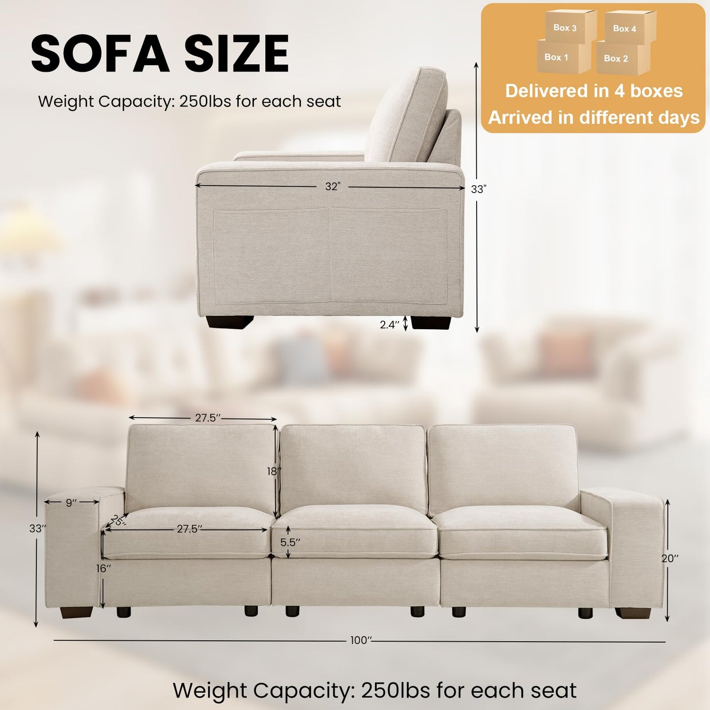 TEKAMON 100’’ Modular Sofa with Seats Storage Comfy 3-Seater Chenille Fabric Couch for Living Room Office Apart W/Deep