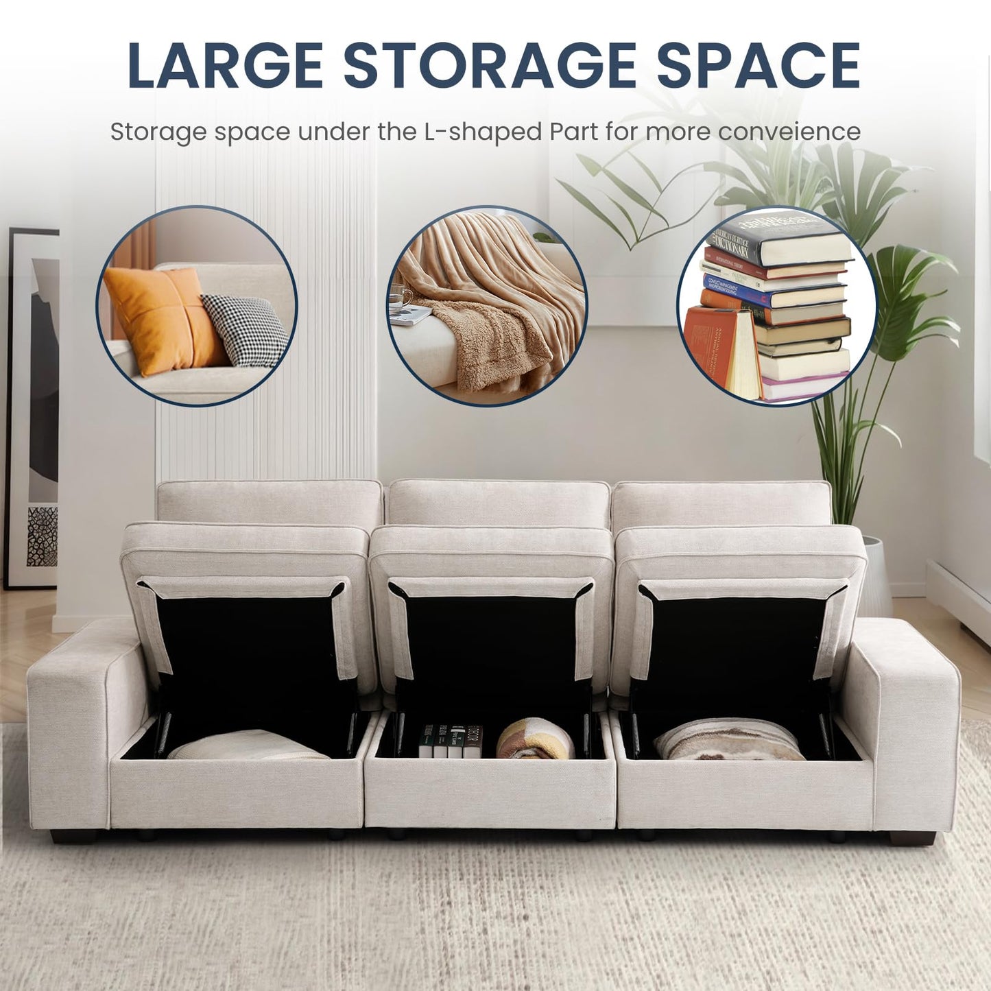 TEKAMON 100’’ Modular Sofa with Seats Storage Comfy 3-Seater Chenille Fabric Couch for Living Room Office Apart W/Deep