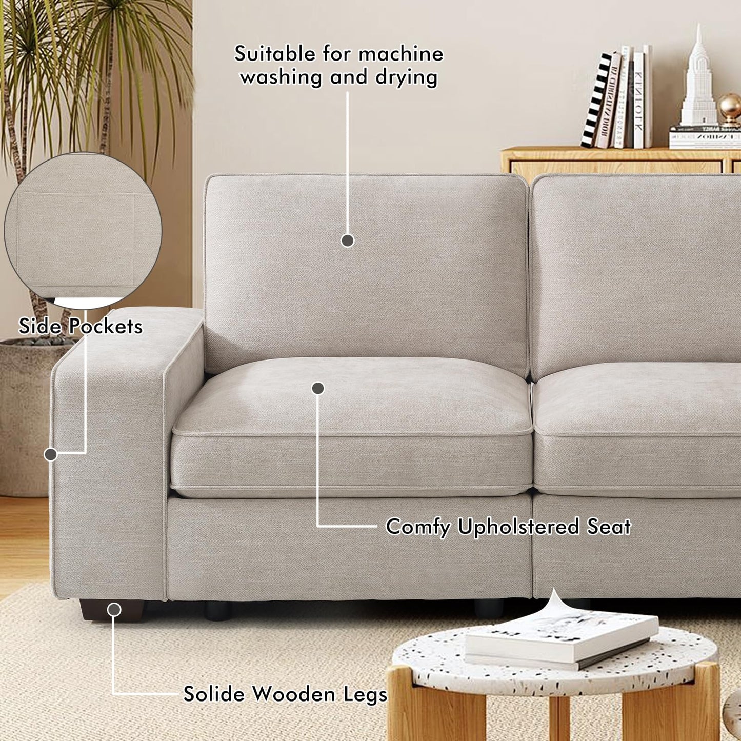 TEKAMON 100’’ Modular Sofa with Seats Storage Comfy 3-Seater Chenille Fabric Couch for Living Room Office Apart W/Deep