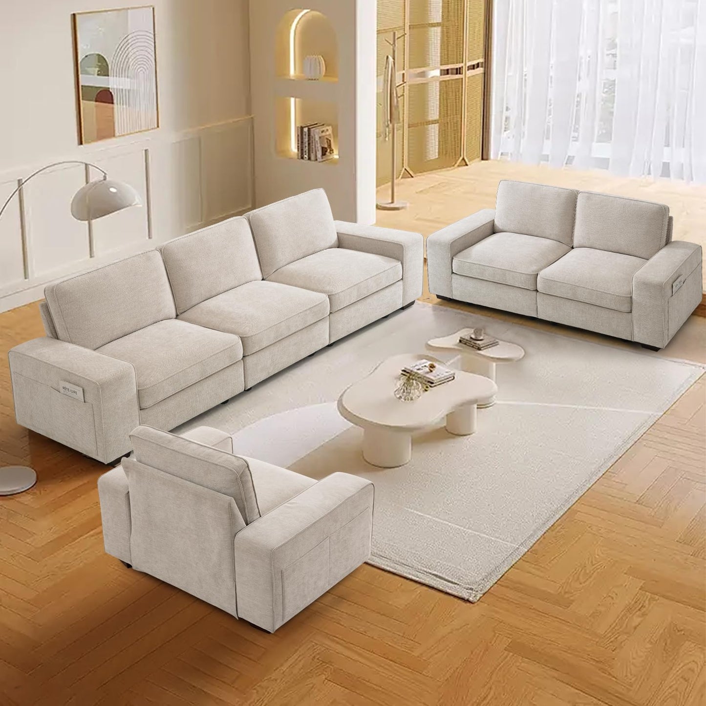TEKAMON 100’’ Modular Sofa with Seats Storage Comfy 3-Seater Chenille Fabric Couch for Living Room Office Apart W/Deep