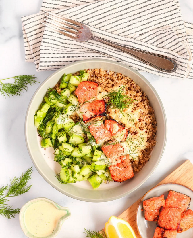 Salmon Quinoa Bowl with Lemon Dill Dressing - Once Upon A Homestead Recipes