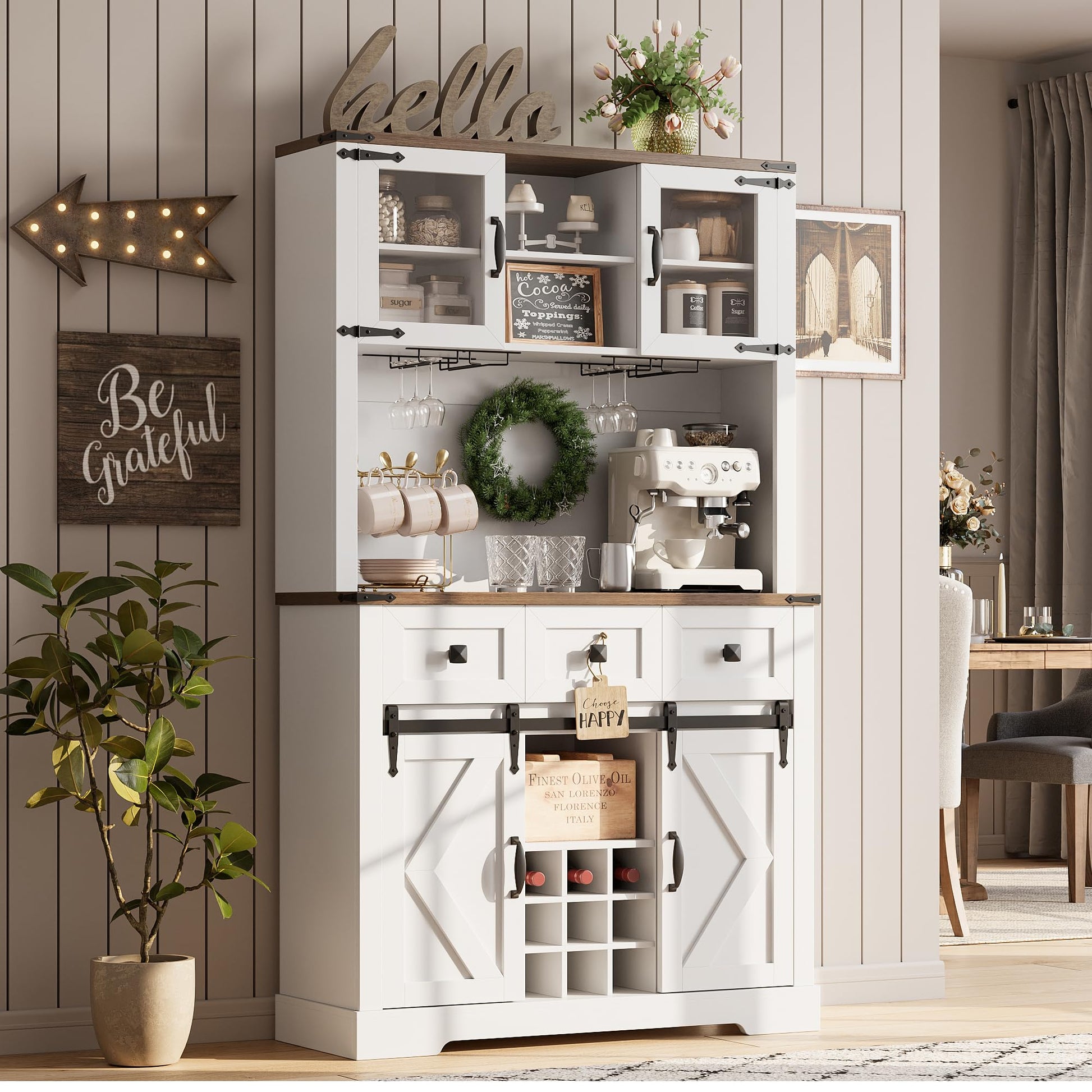 72’’ Coffee Bar Cabinet with Storage Farmhouse Large Kitchen Pantry Hutch with Sliding Barn Door Tall Buffet Cabinet