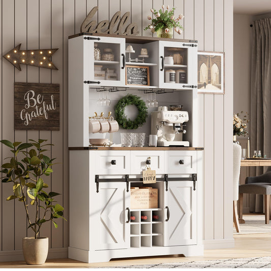 72’’ Coffee Bar Cabinet with Storage Farmhouse Large Kitchen Pantry Hutch with Sliding Barn Door Tall Buffet Cabinet