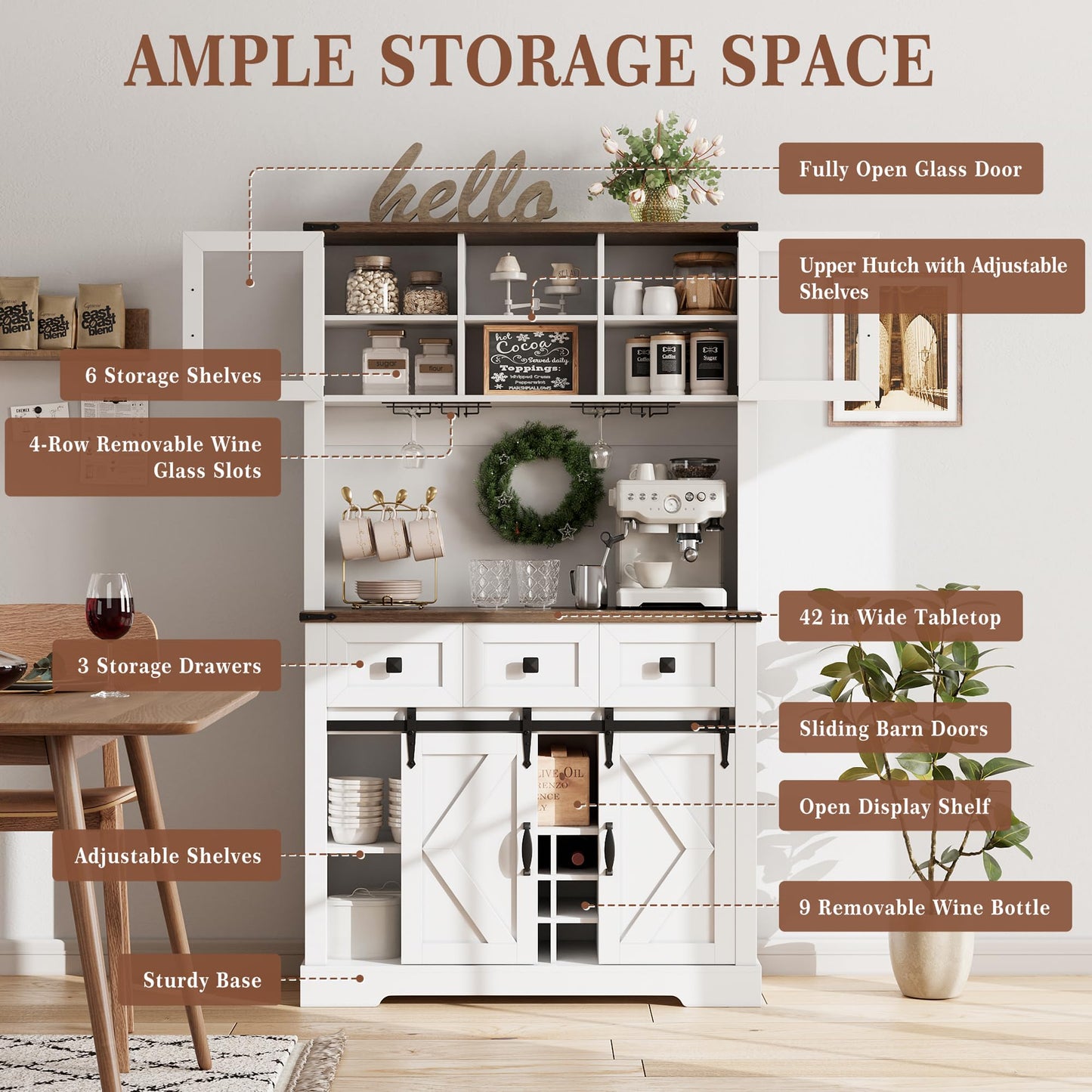 72’’ Coffee Bar Cabinet with Storage Farmhouse Large Kitchen Pantry Hutch with Sliding Barn Door Tall Buffet Cabinet