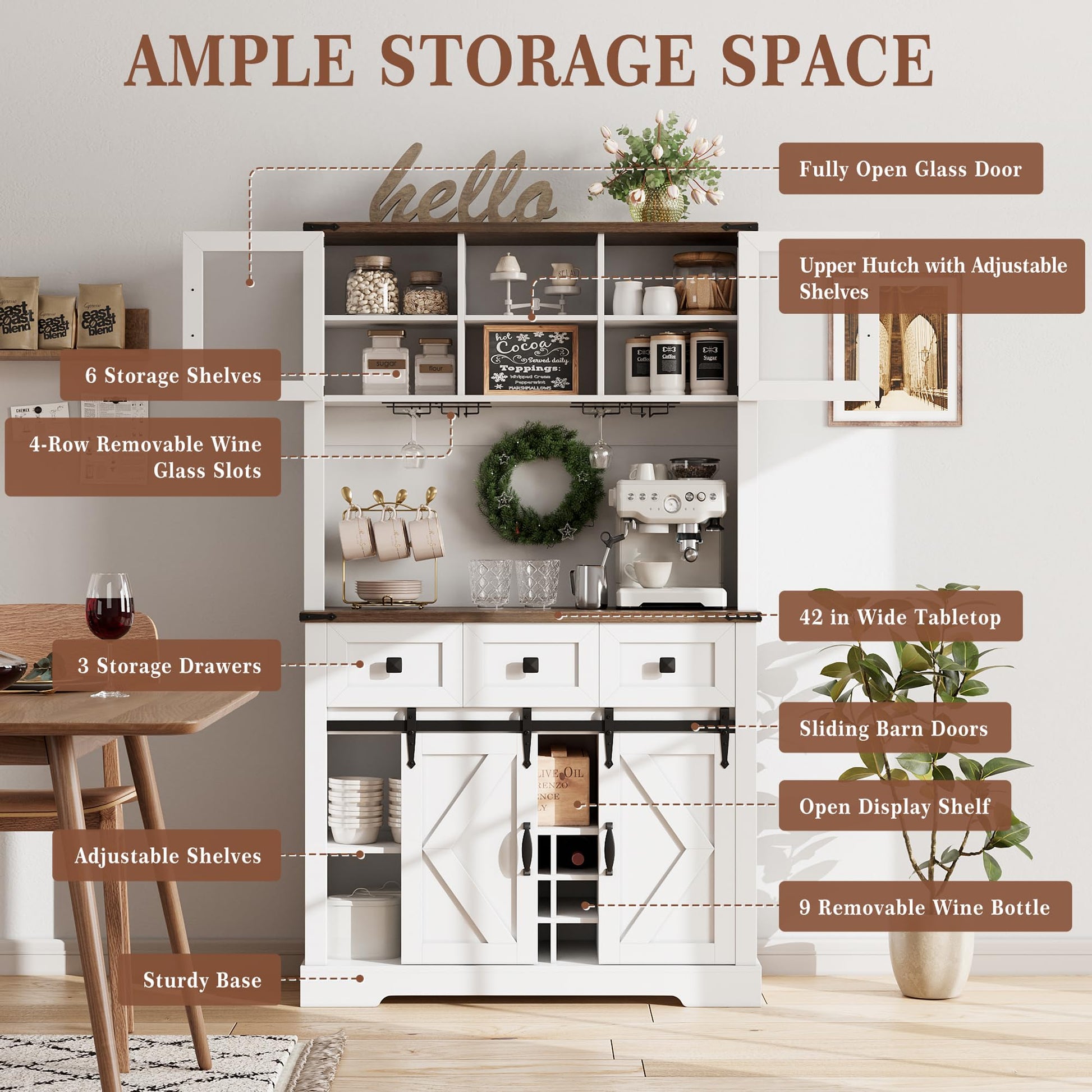72’’ Coffee Bar Cabinet with Storage Farmhouse Large Kitchen Pantry Hutch with Sliding Barn Door Tall Buffet Cabinet