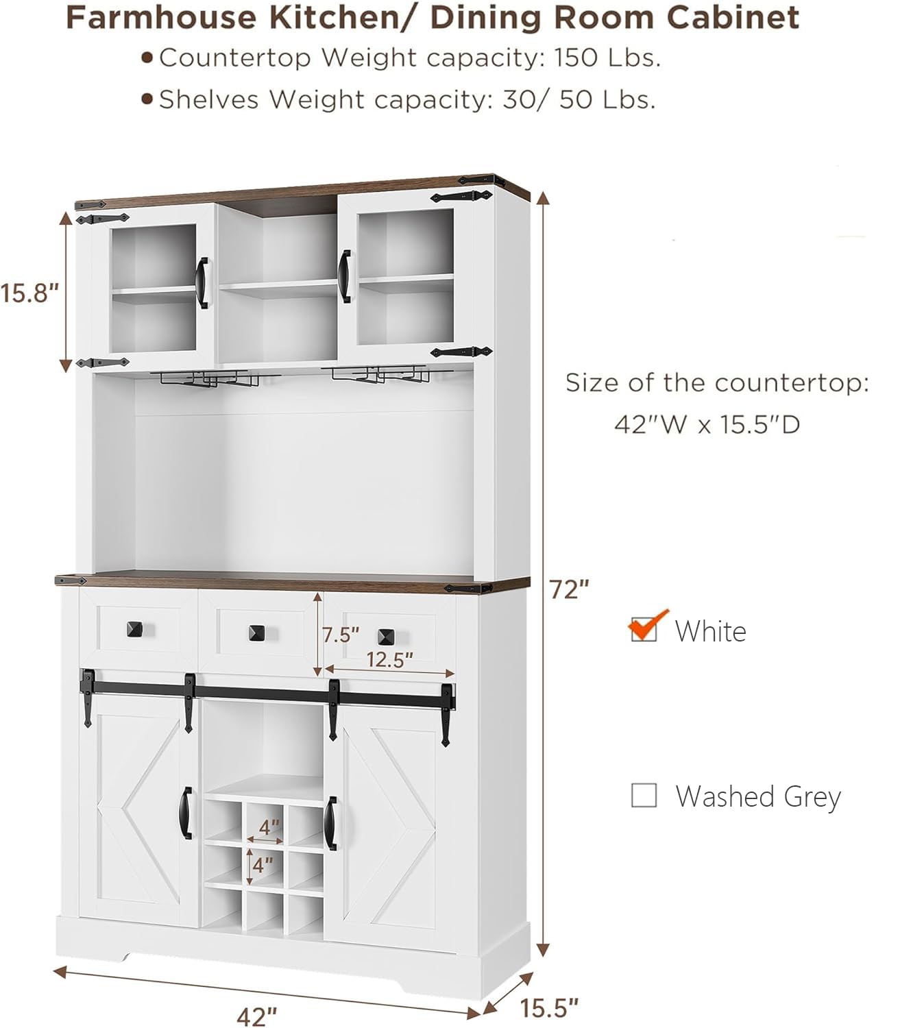 72’’ Coffee Bar Cabinet with Storage Farmhouse Large Kitchen Pantry Hutch with Sliding Barn Door Tall Buffet Cabinet