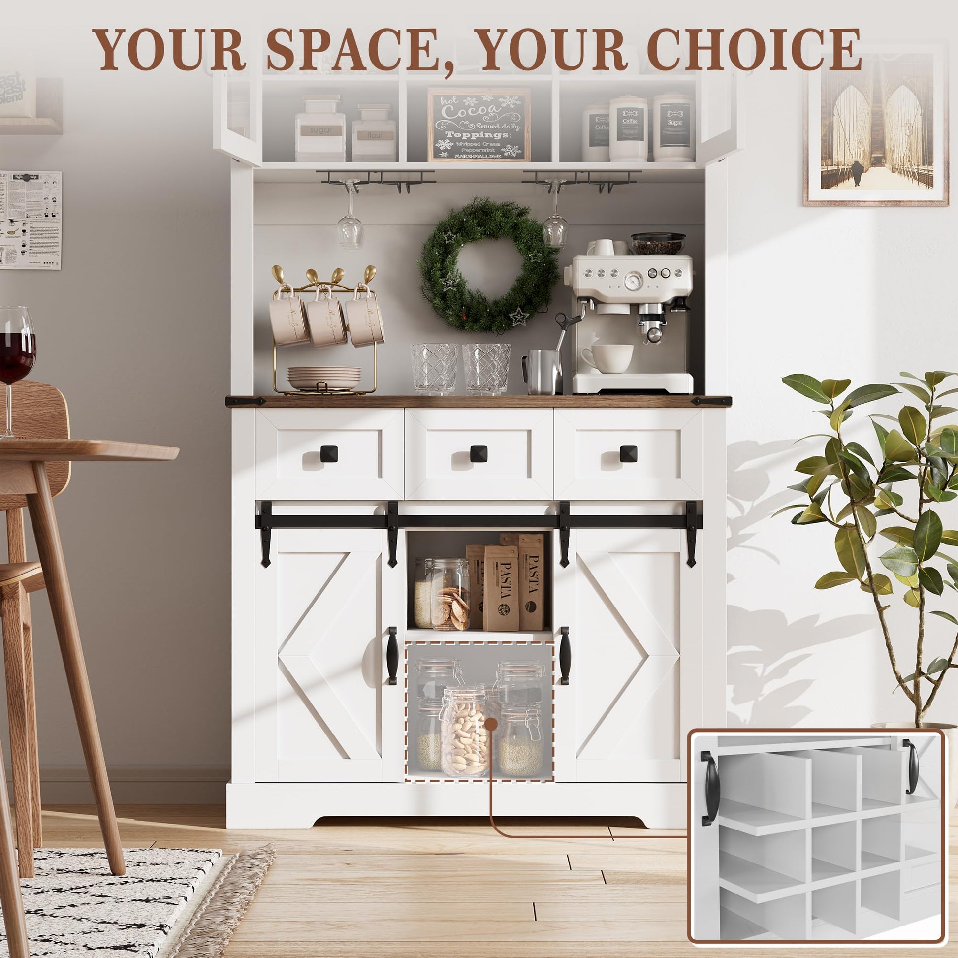 72’’ Coffee Bar Cabinet with Storage Farmhouse Large Kitchen Pantry Hutch with Sliding Barn Door Tall Buffet Cabinet