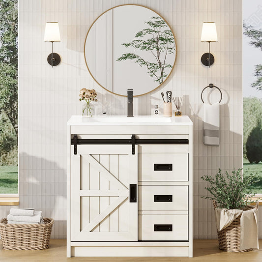 AMERLIFE Farmhouse Bathroom Vanity with Sink Combo 31in Sliding Barn Door Bathroom Vanity Cabinet Set with Storage