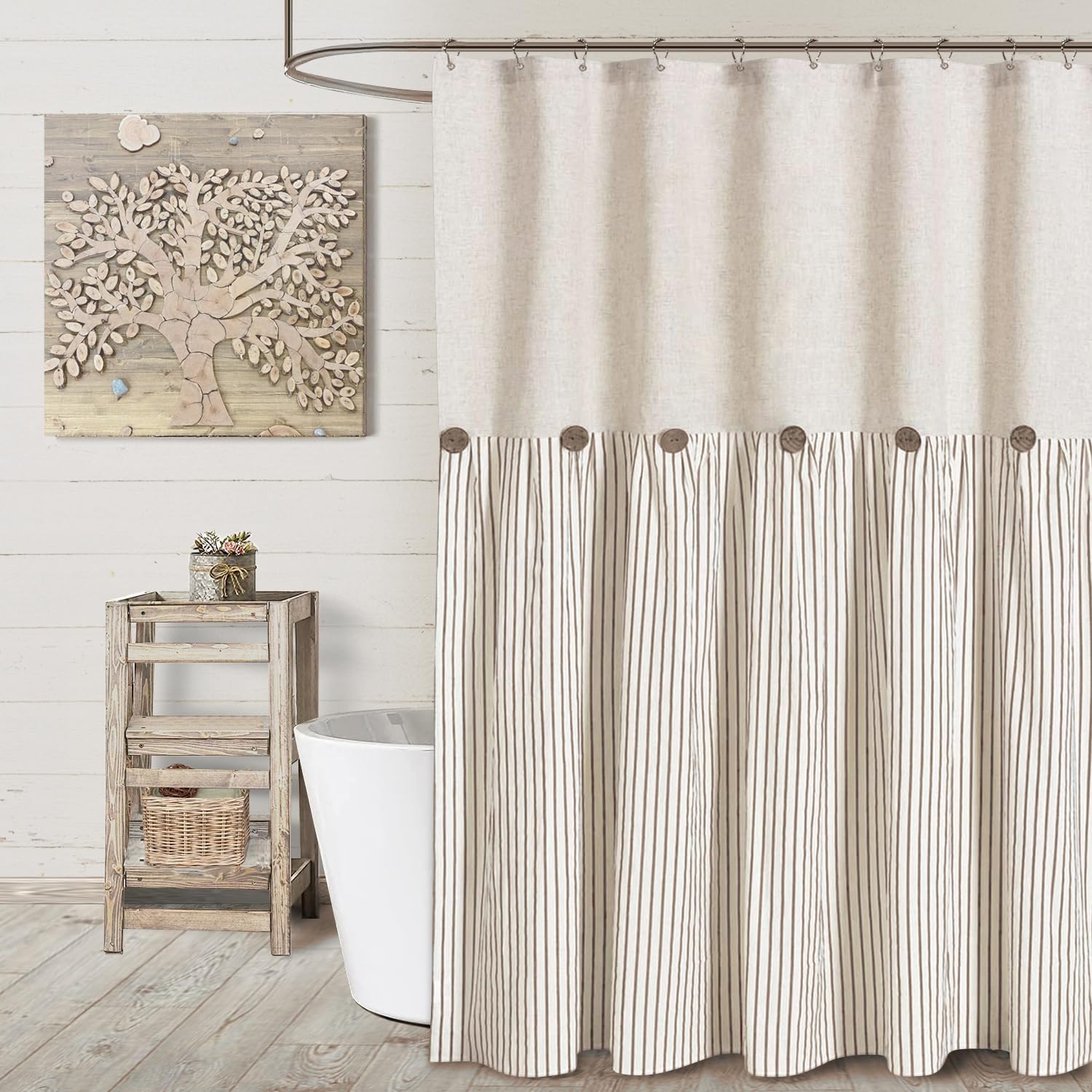 Awellife Linen Button Farmhouse Beige Shower Curtain,Linen and Cotton Woven Fabric,Pleated Brown Stripe,Country