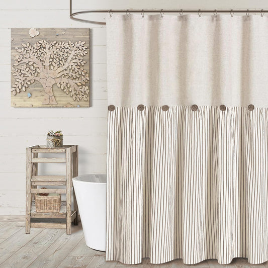Awellife Linen Button Farmhouse Beige Shower Curtain,Linen and Cotton Woven Fabric,Pleated Brown Stripe,Country