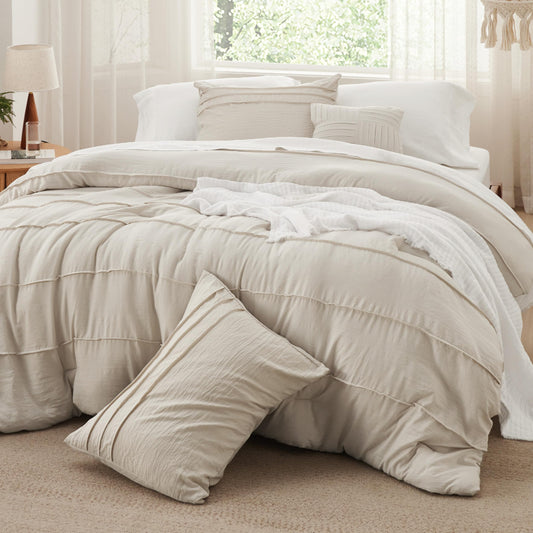 Bedsure Queen Comforter Set - 4 Pieces Pinch Pleat Bed Set Beige Boho Bedding for All Season 1 Soft Comforter 2