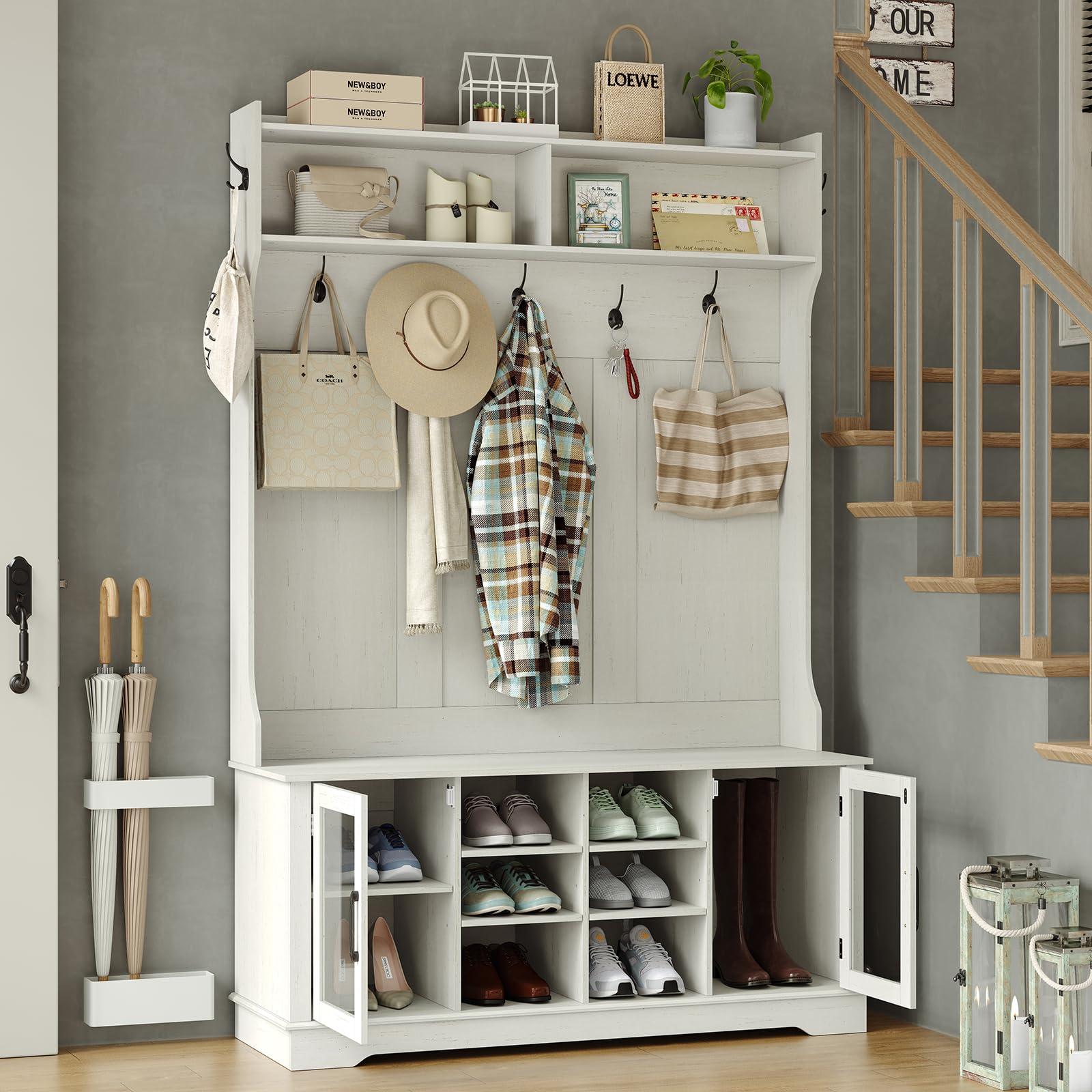 Furnihold Hall Tree White Entryway Bench with Coat Rack 10 Shoe Storage & 7 Coat Hooks & Adjustable Shelf Glass Door