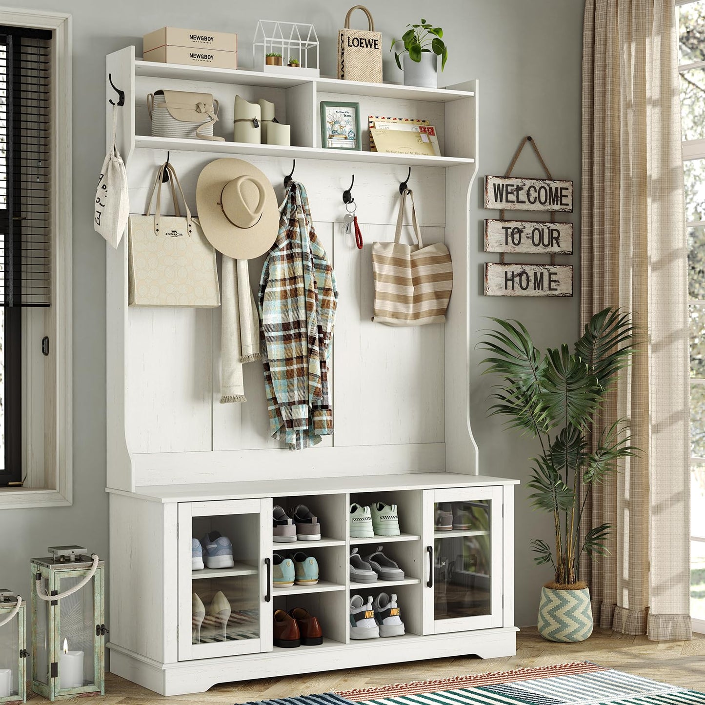 Furnihold Hall Tree White Entryway Bench with Coat Rack 10 Shoe Storage & 7 Coat Hooks & Adjustable Shelf Glass Door