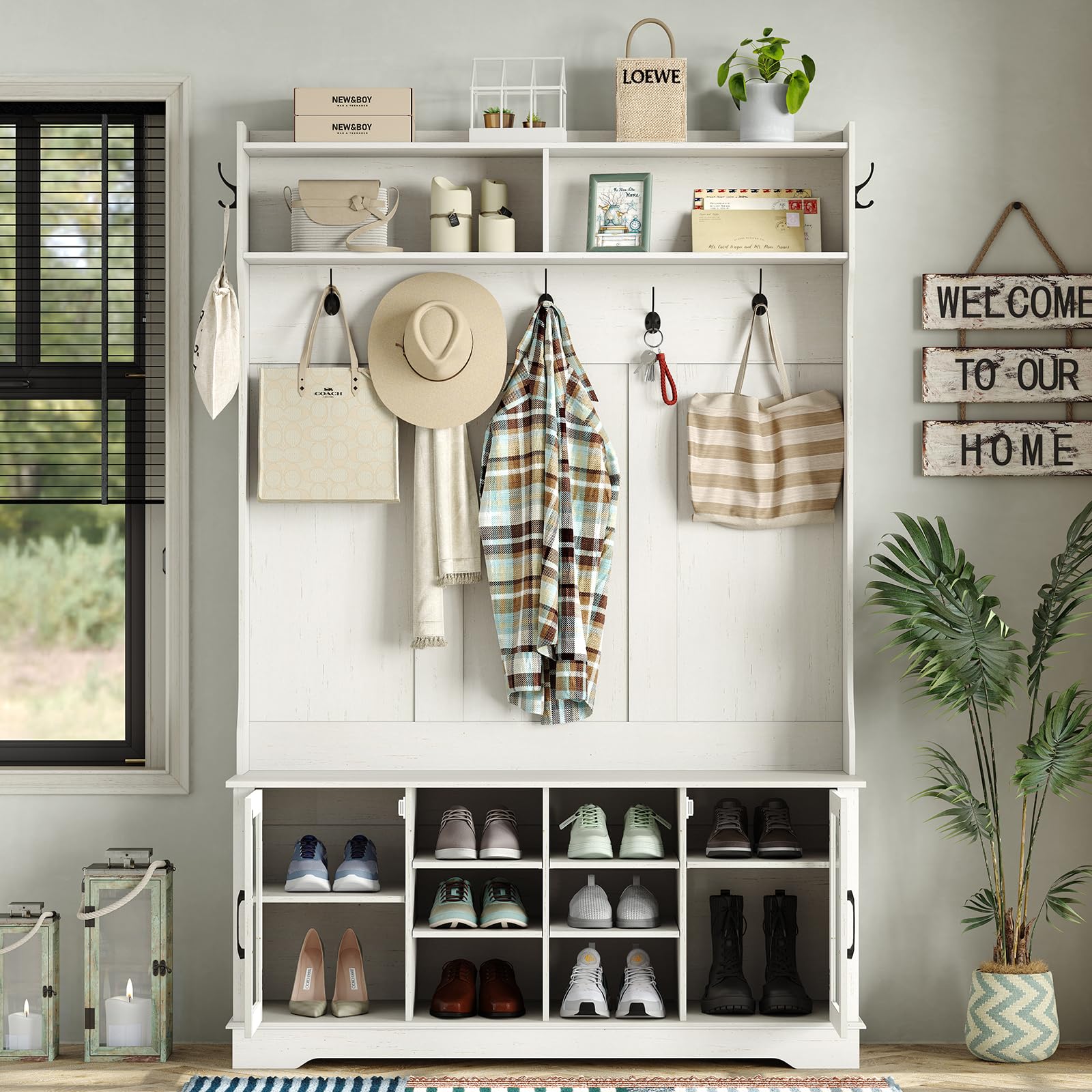 Furnihold Hall Tree White Entryway Bench with Coat Rack 10 Shoe Storage & 7 Coat Hooks & Adjustable Shelf Glass Door