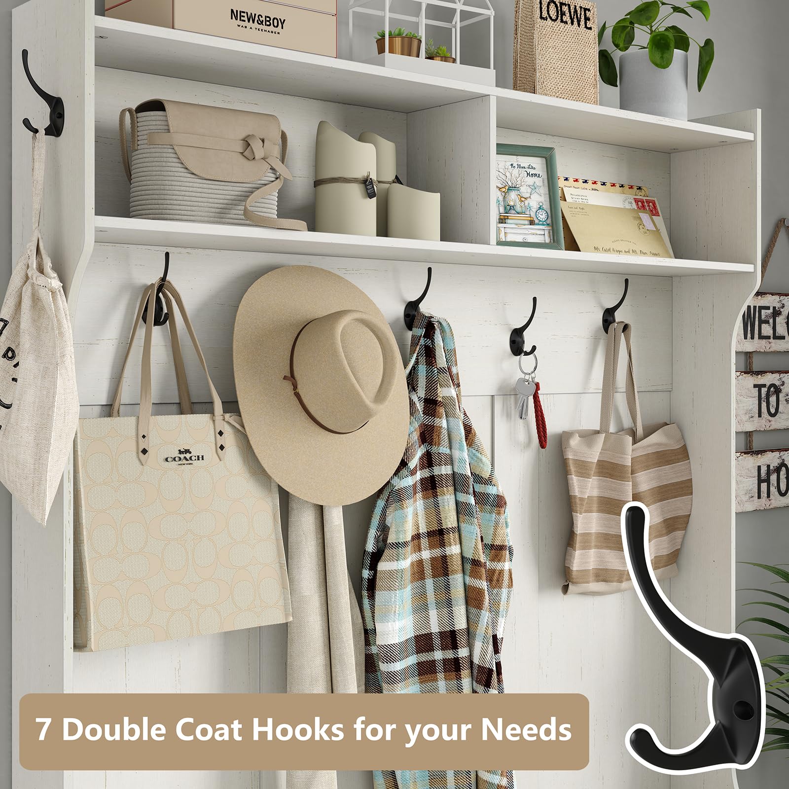Furnihold Hall Tree White Entryway Bench with Coat Rack 10 Shoe Storage & 7 Coat Hooks & Adjustable Shelf Glass Door
